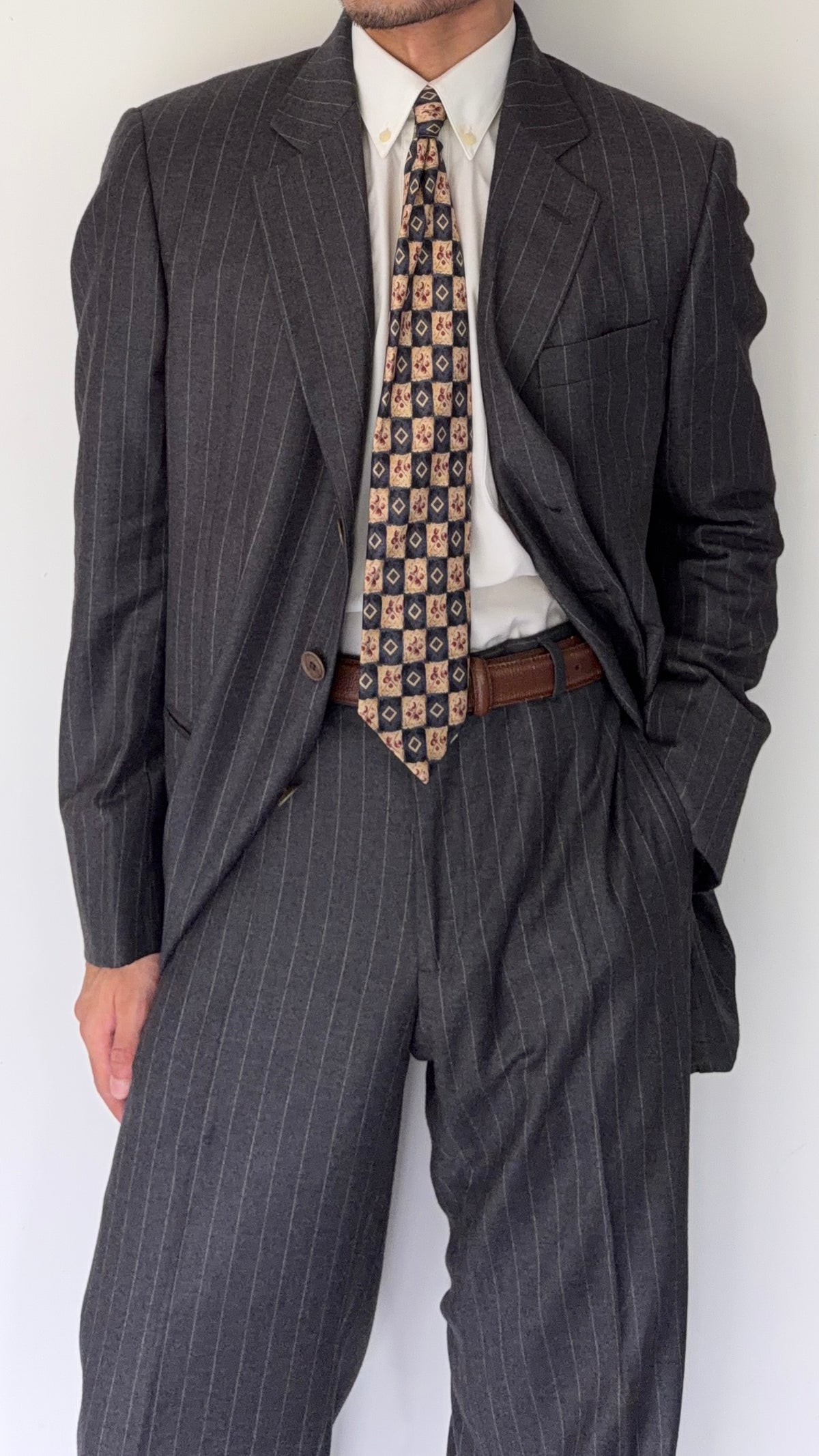 Giorgio Armani Black Label 1990s Cashmere 3B Pleated Striped Suit Grey - Size XL Jacket / 36" Waist