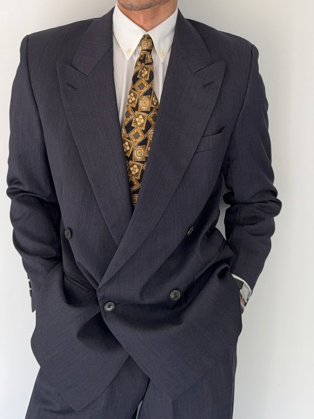 Missoni 1980s Peaked Lapel Double Breasted Pleated Wool Grey Suit - Size S Jacket / 32" Waist