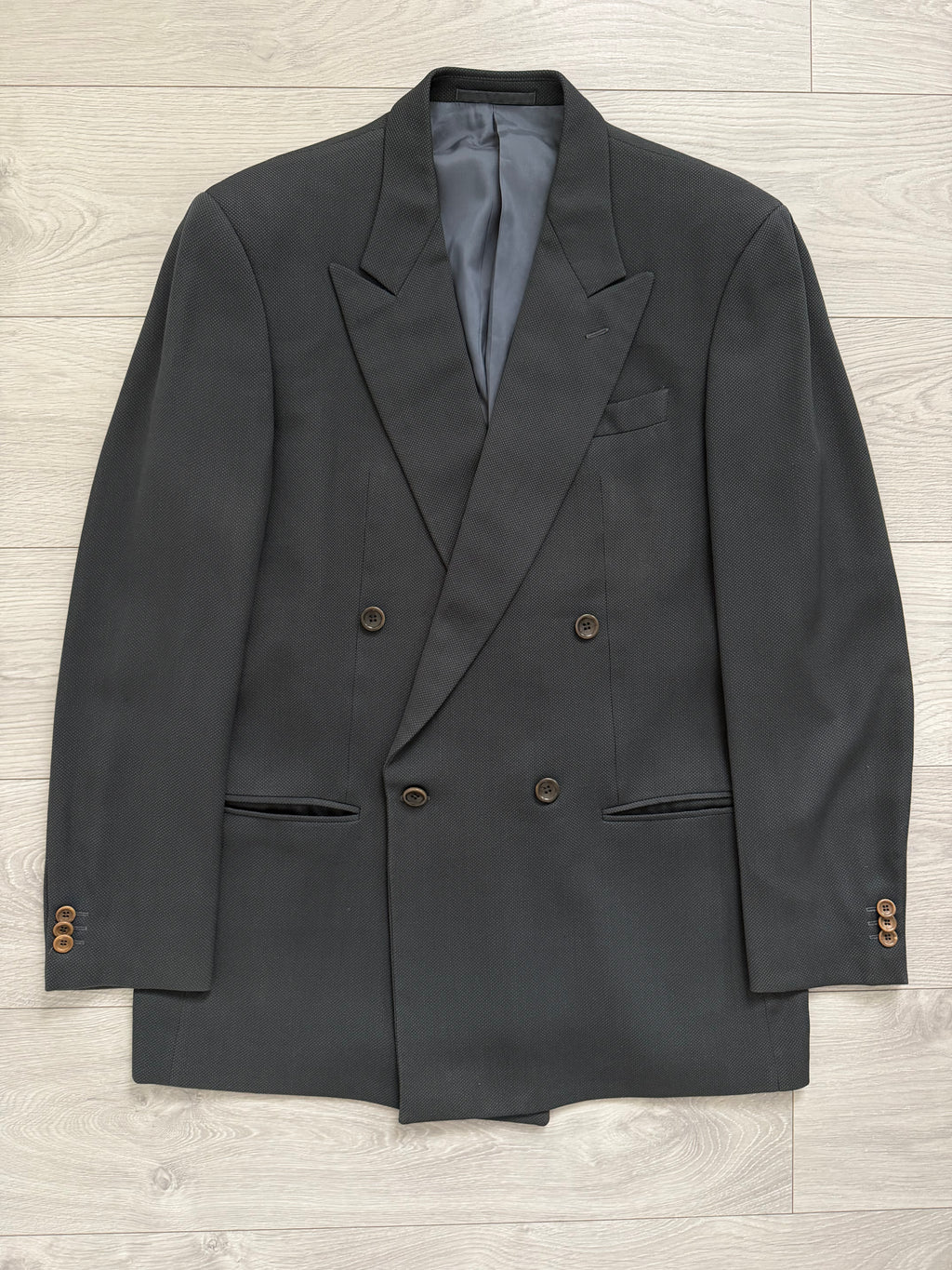 Armani 1990s Peaked Lapel Double Breasted Pleated Wool Silk Suit Dark Forest Green - Size L Jacket / 34" Waist