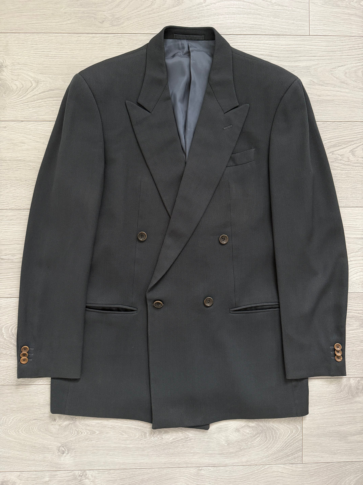 Armani 1990s Peaked Lapel Double Breasted Pleated Wool Silk Suit Dark Forest Green - Size L Jacket / 34" Waist