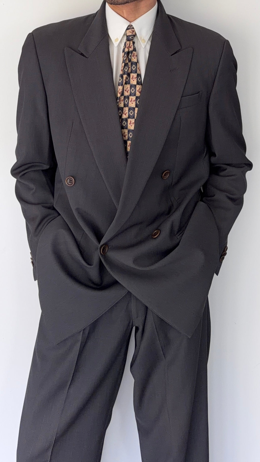 Armani 1990s Peaked Lapel Double Breasted Pleated Wool Suit Grey - Size L Jacket / 34" Waist