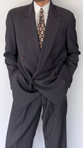 Armani 1990s Peaked Lapel Double Breasted Pleated Wool Suit Grey - Size L Jacket / 34" Waist