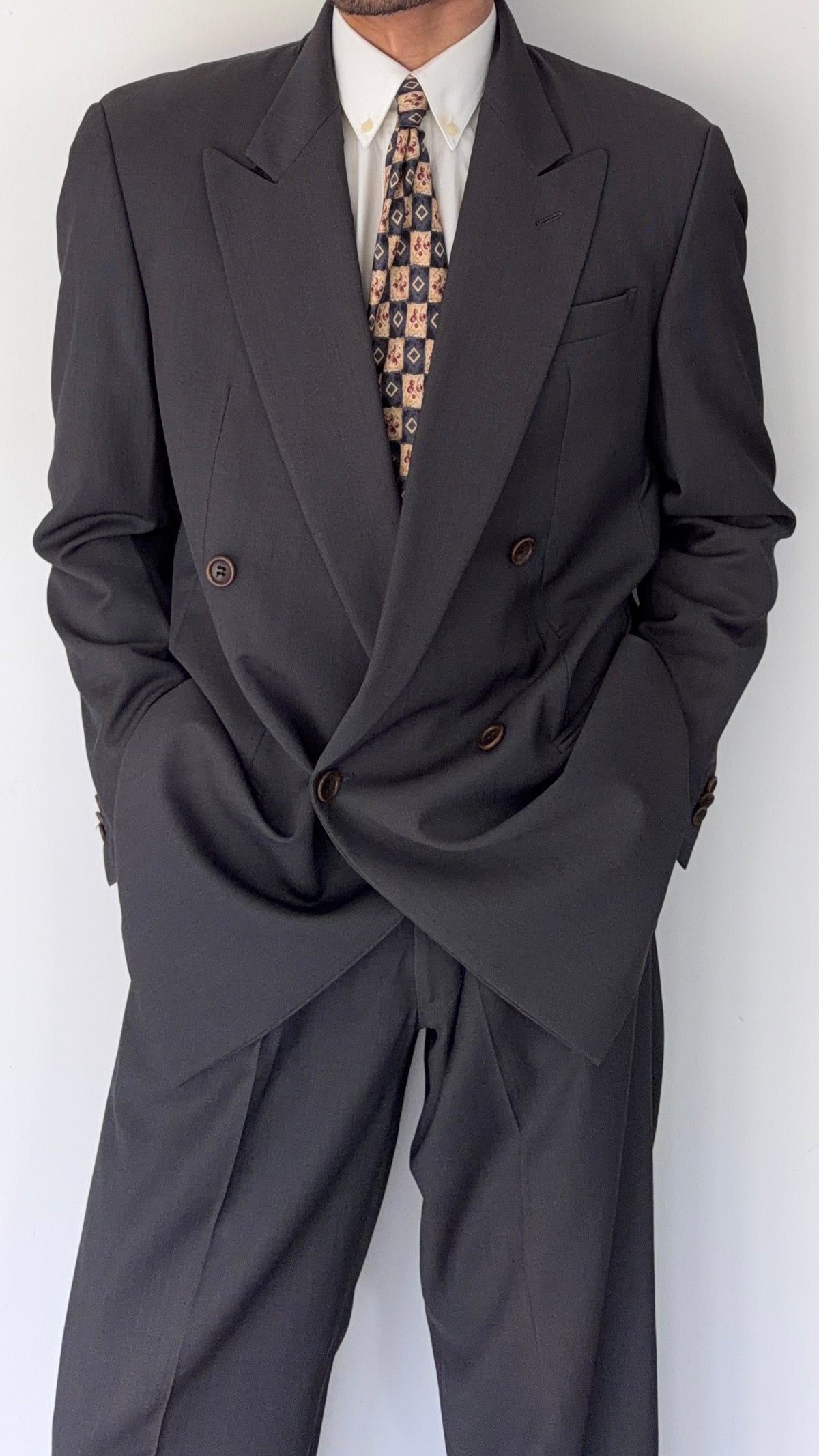 Armani 1990s Peaked Lapel Double Breasted Pleated Wool Suit Grey - Size L Jacket / 34" Waist