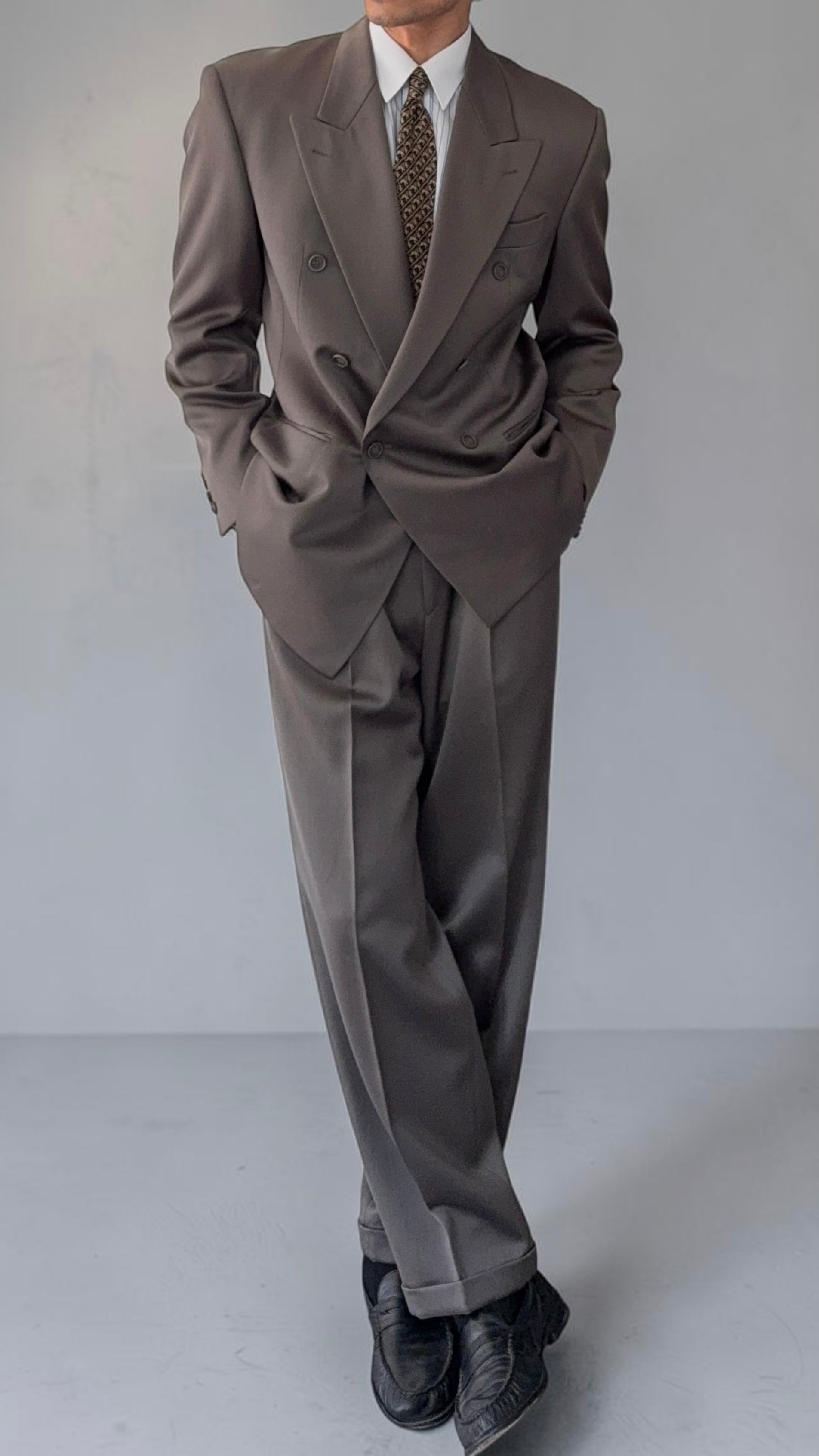 Hugo Boss 1980s 'Mitford' Peak Lapel Double Breasted Pleated Taupe Green Suit - Size L Jacket / 30" Waist