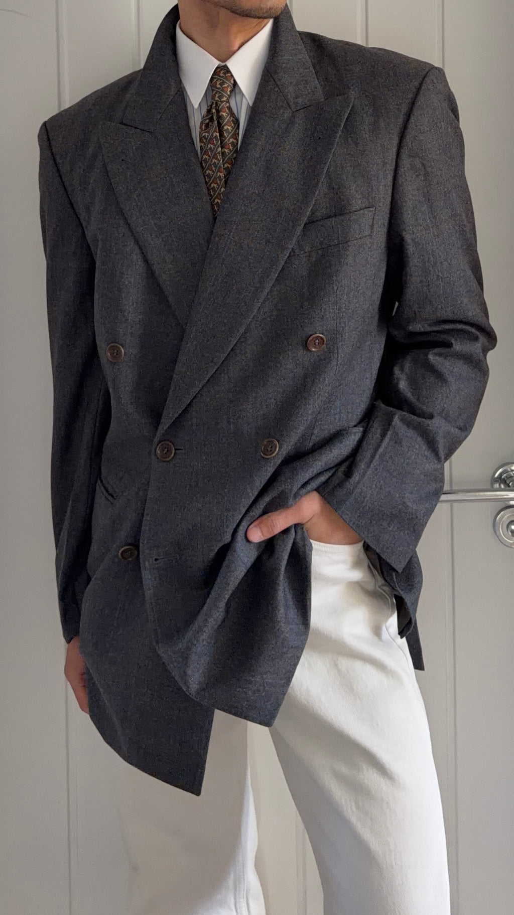 Hugo Boss 1980s Super 120s Peaked Lapel Double Breasted Wool Sport Jacket Blazer - Size XL