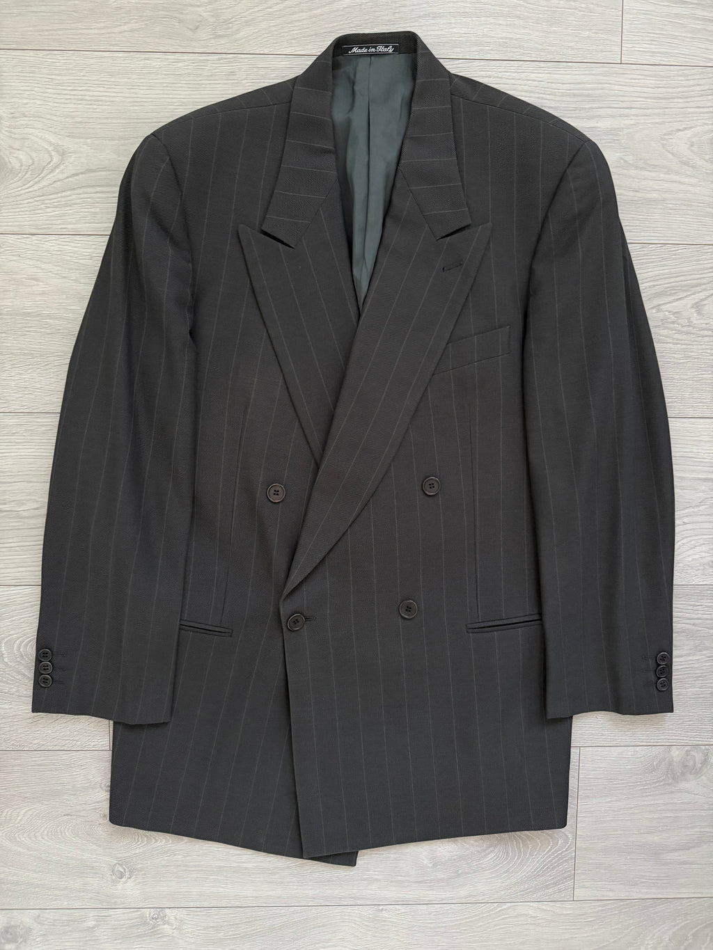 Giorgio Armani 1980s Peaked Lapel Double Breasted Striped Wool Pleated Suit - Size L Jacket / 34" Waist