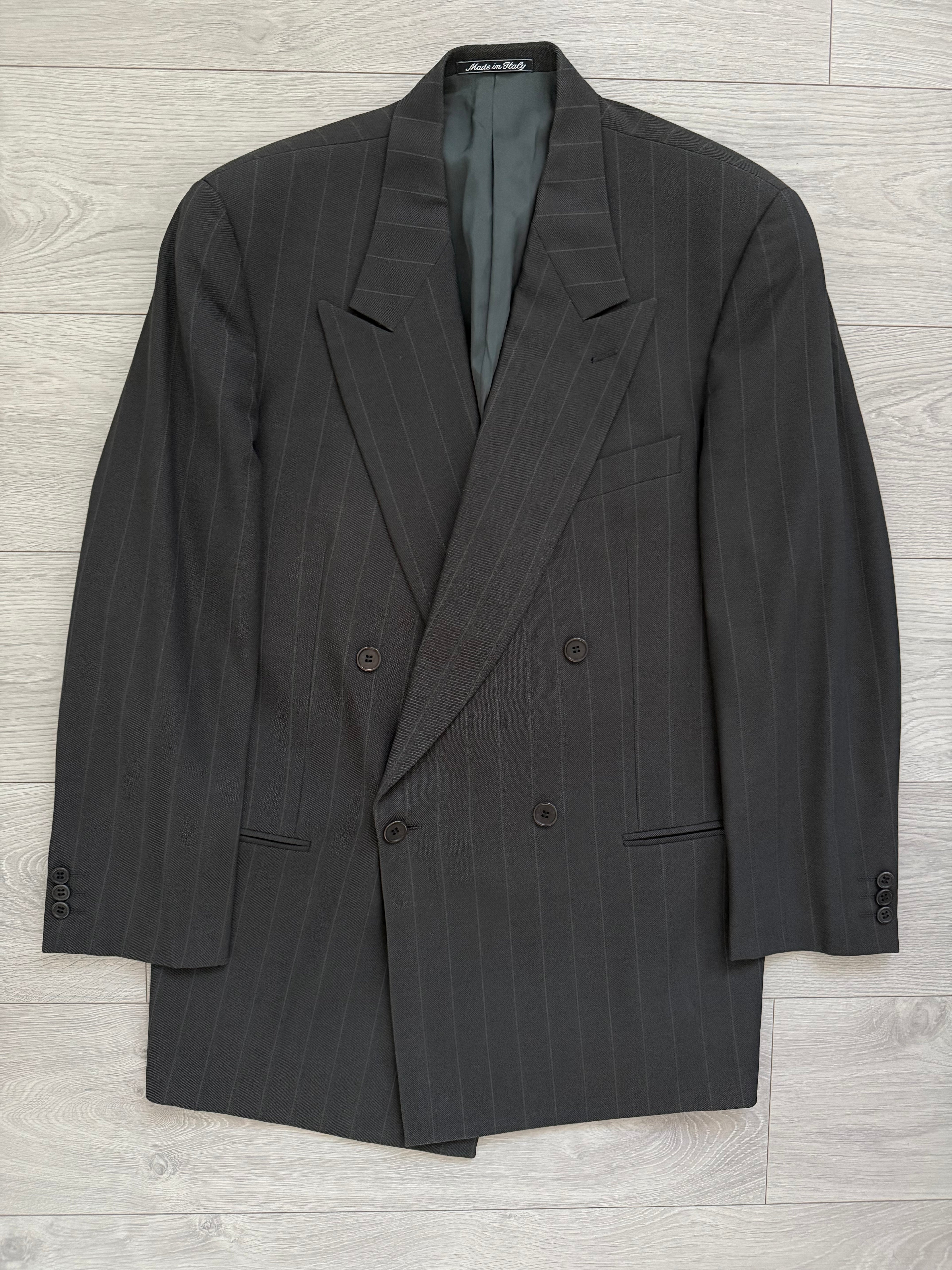 Giorgio Armani 1980s Peaked Lapel Double Breasted Striped Wool Pleated Suit - Size L Jacket / 34" Waist
