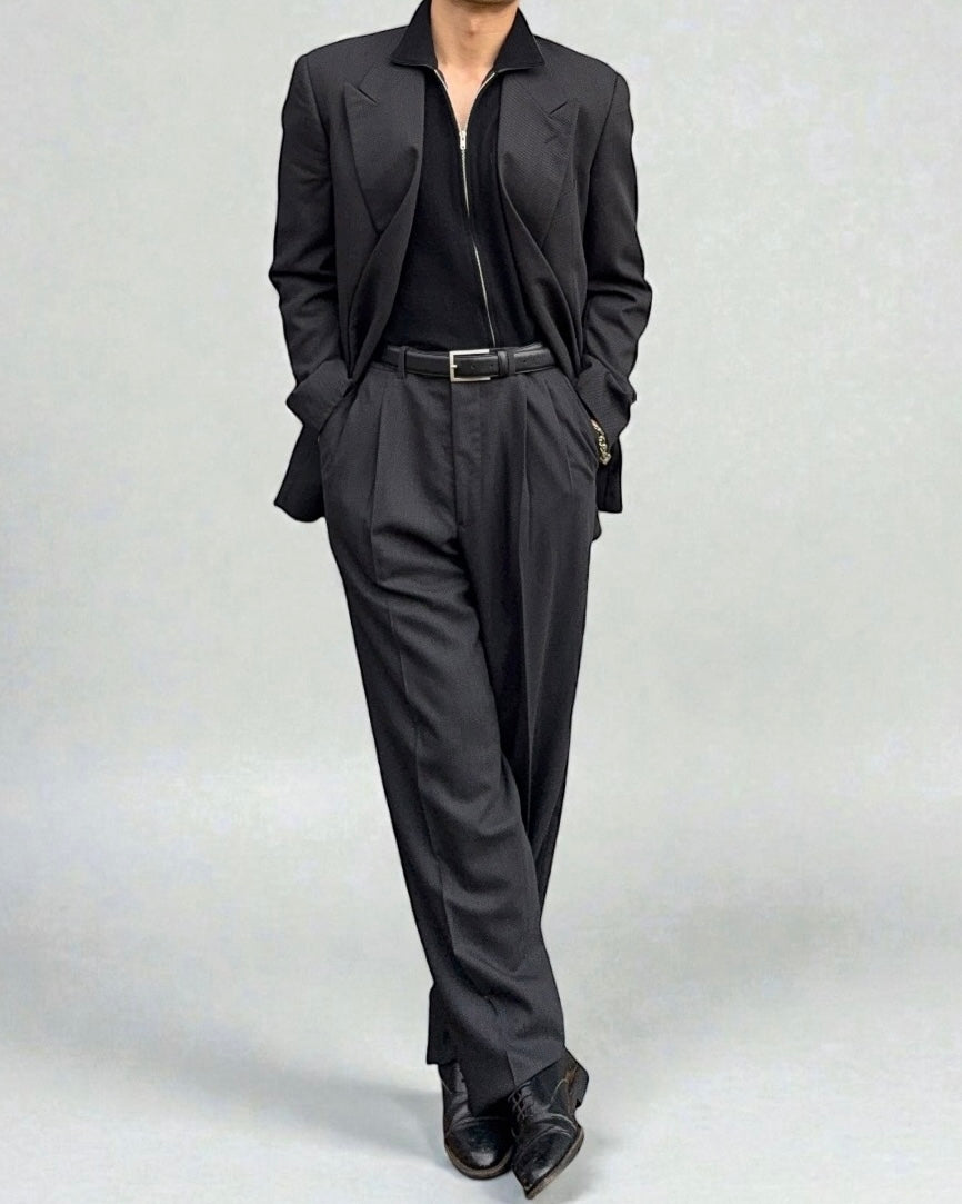 Giorgio Armani 1980s Double Breasted Pleated Wool Suit Charcoal Grey New - Size L Jacket / 32" Waist