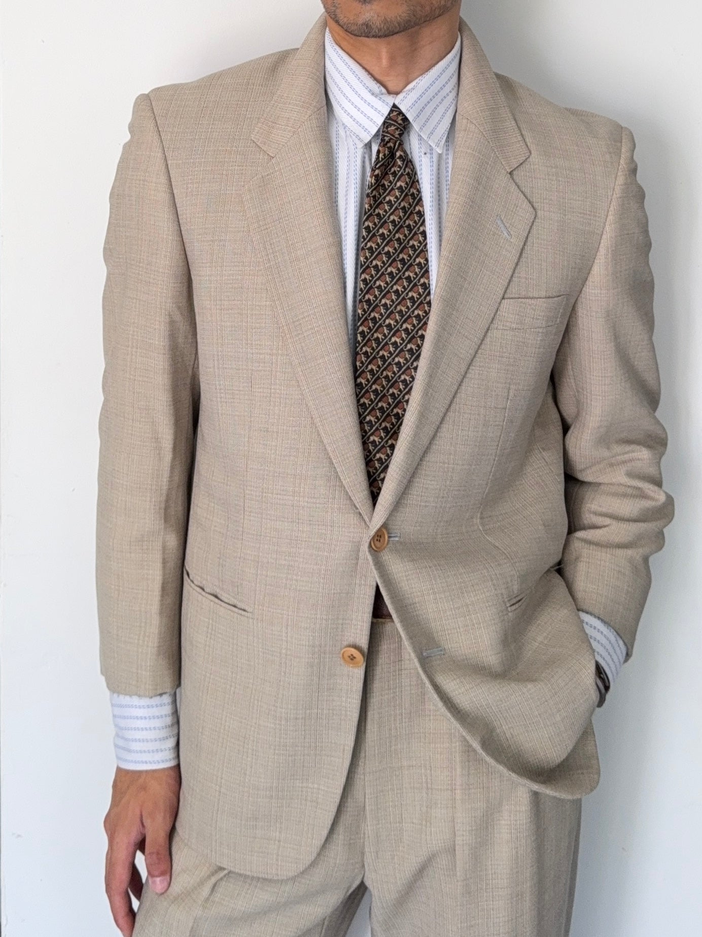 Paul Smith 1990s 2B Wool Silk Ecru Pleated Suit - Size S Jacket / 31" Waist