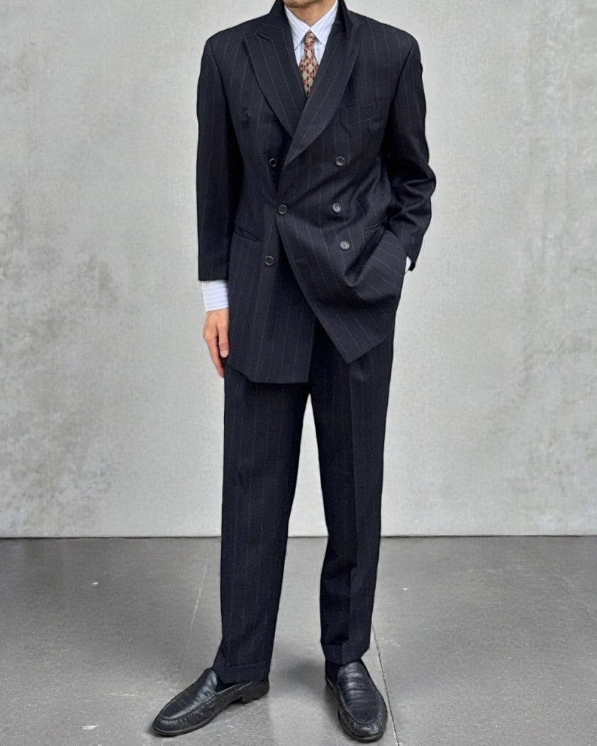 Hugo Boss 1990s 'Nostalgia' 6B Double Breasted Pleated Striped Wool Navy Suit - Size M Jacket / 32" Waist