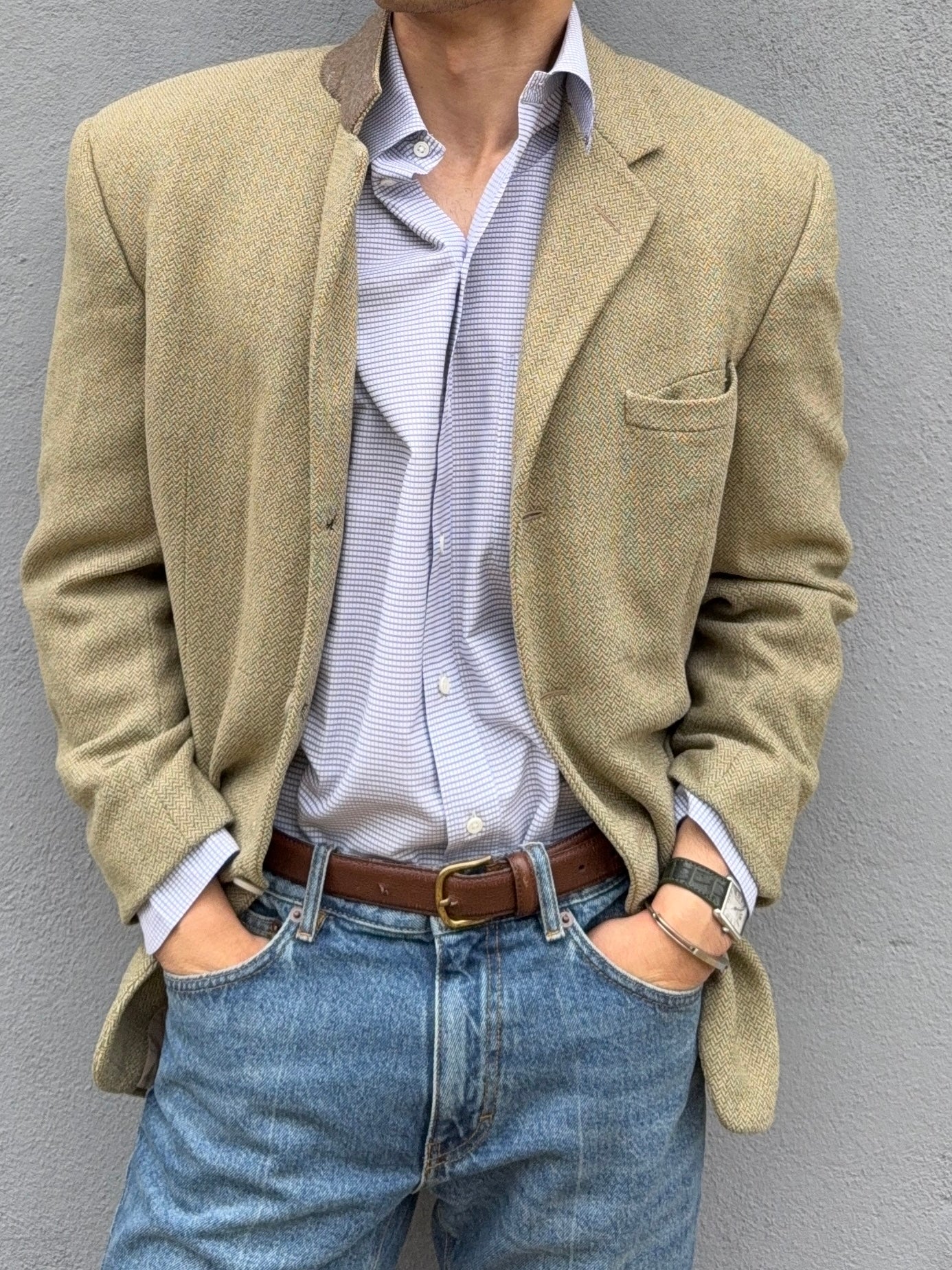 Armani 1990s Snap Collar Check Weave Shirt - Size L