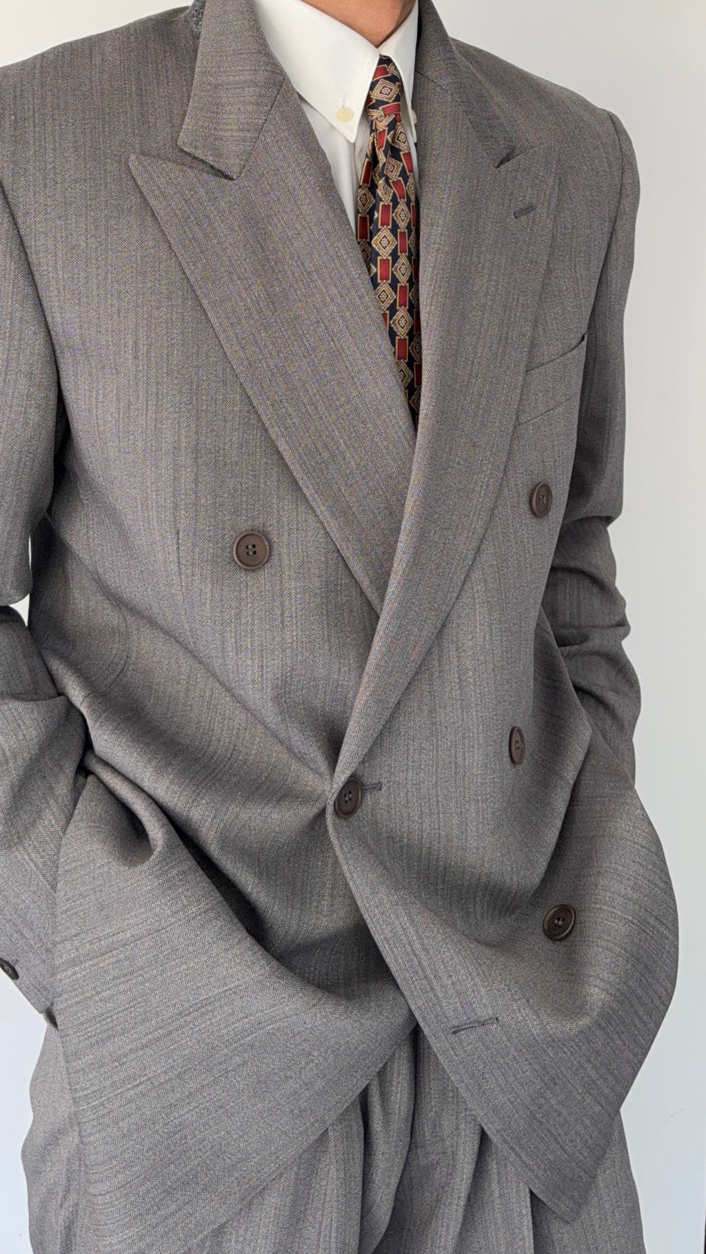 Giorgio Armani 1980s Peaked Lapel Double Breasted Herringbone Wool Grey Suit - Size M Jacket / 32" Waist