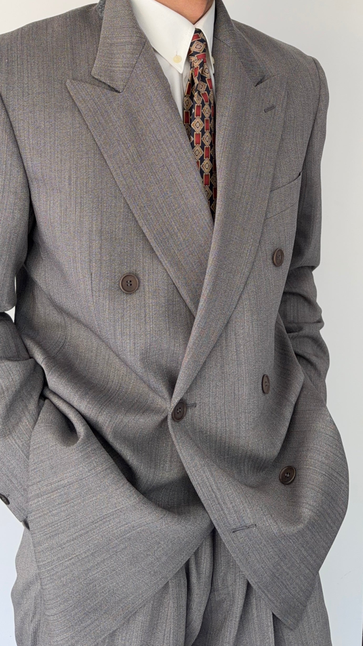 Giorgio Armani 1980s Peaked Lapel Double Breasted Herringbone Wool Grey Suit - Size M Jacket / 32" Waist