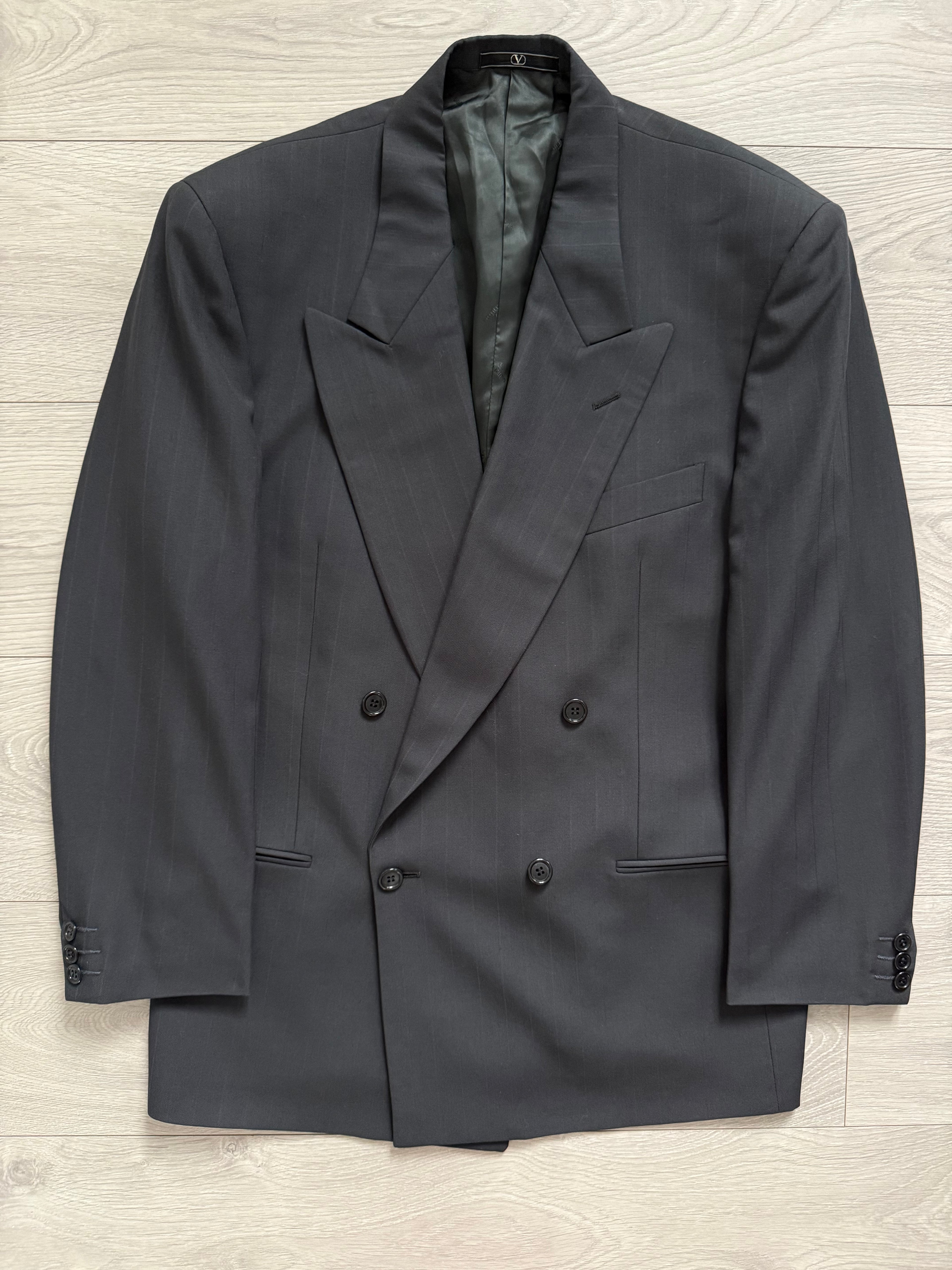 Valentino 1980s Peaked Lapel Double Breasted Grey Sport Jacket Blazer - Size L