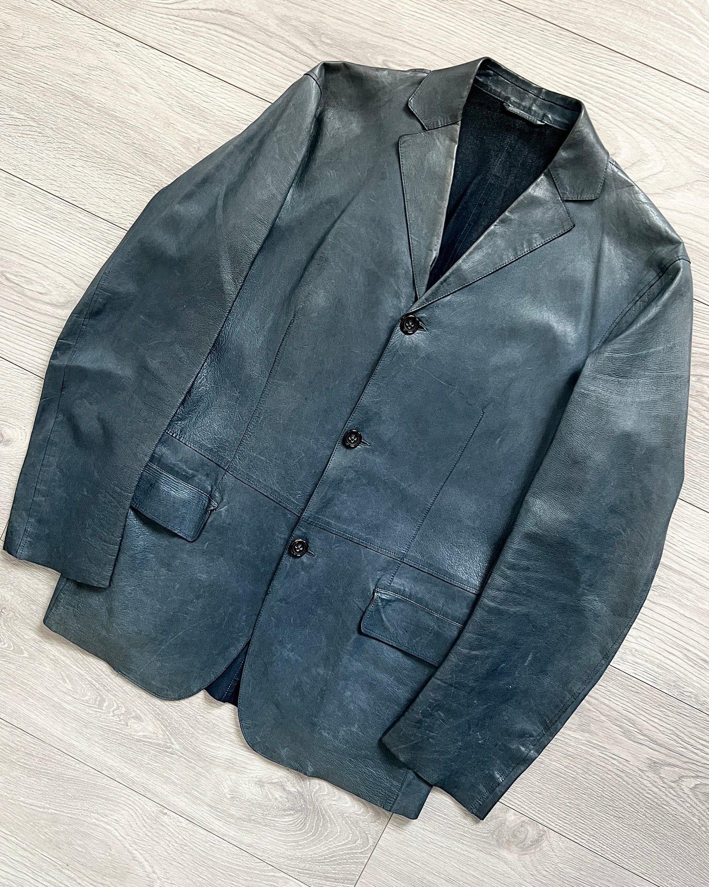 Jil Sander by Raf Simons 00s Petrol Blue Leather Jacket - Size S