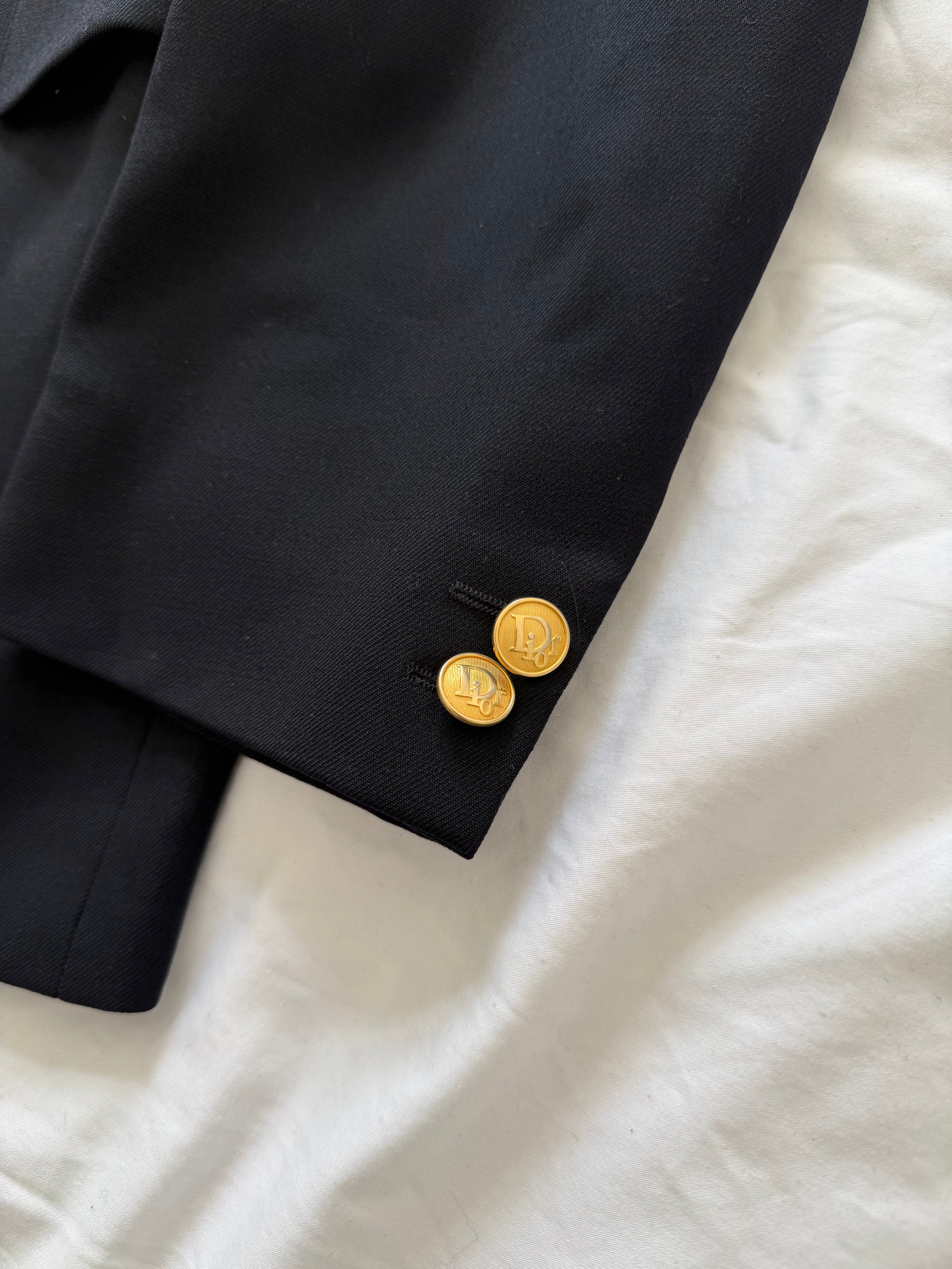 Christian Dior 1980s Metal Button Double Breasted Wool Sport Jacket Blazer Navy Blue - Size M