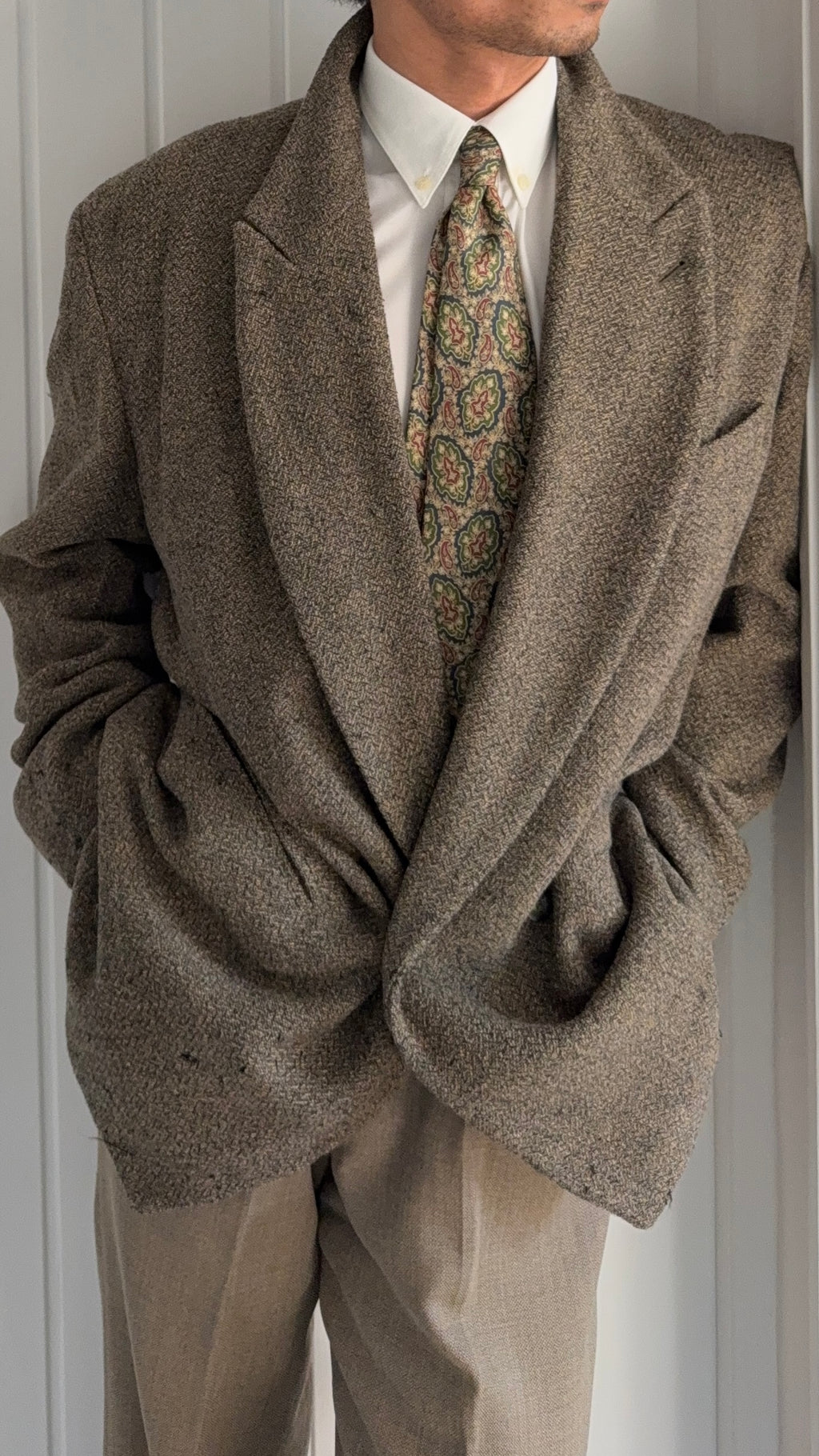 Emporio Armani 1980s Peaked Lapel Double Breasted Textured Wool Blend Relaxed Sport Jacket Blazer - Size XL
