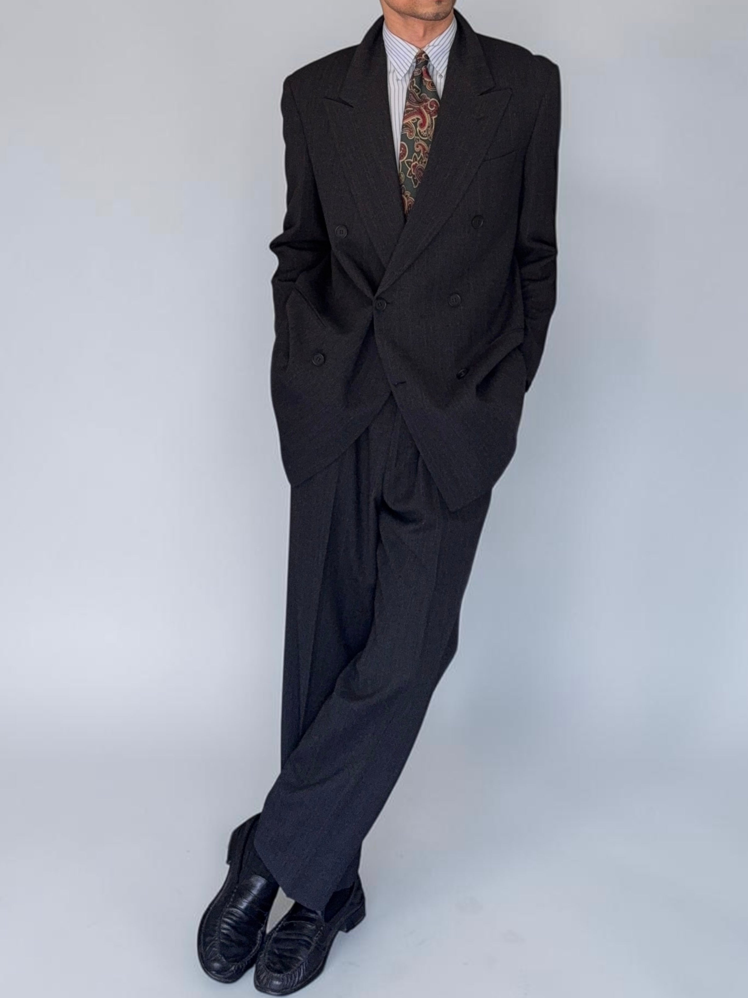 Giorgio Armani 1980s 6B Double Breasted Peaked Lapel Pleated Wool