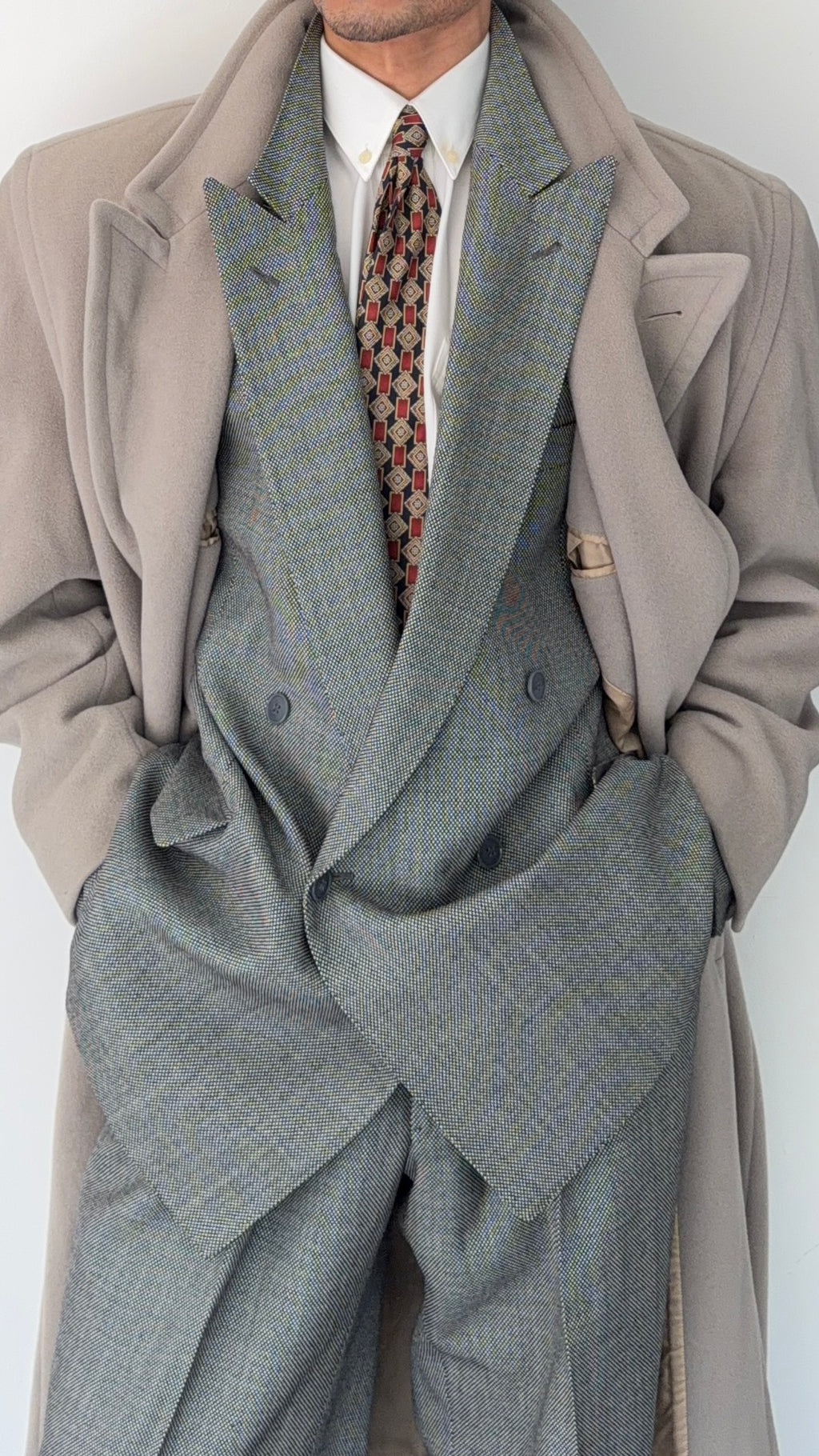 Louis Feraud Armani 1990s Peaked Lapel Pleated Double Breasted Wool Suit - Size XL Jacket / 36" Waist