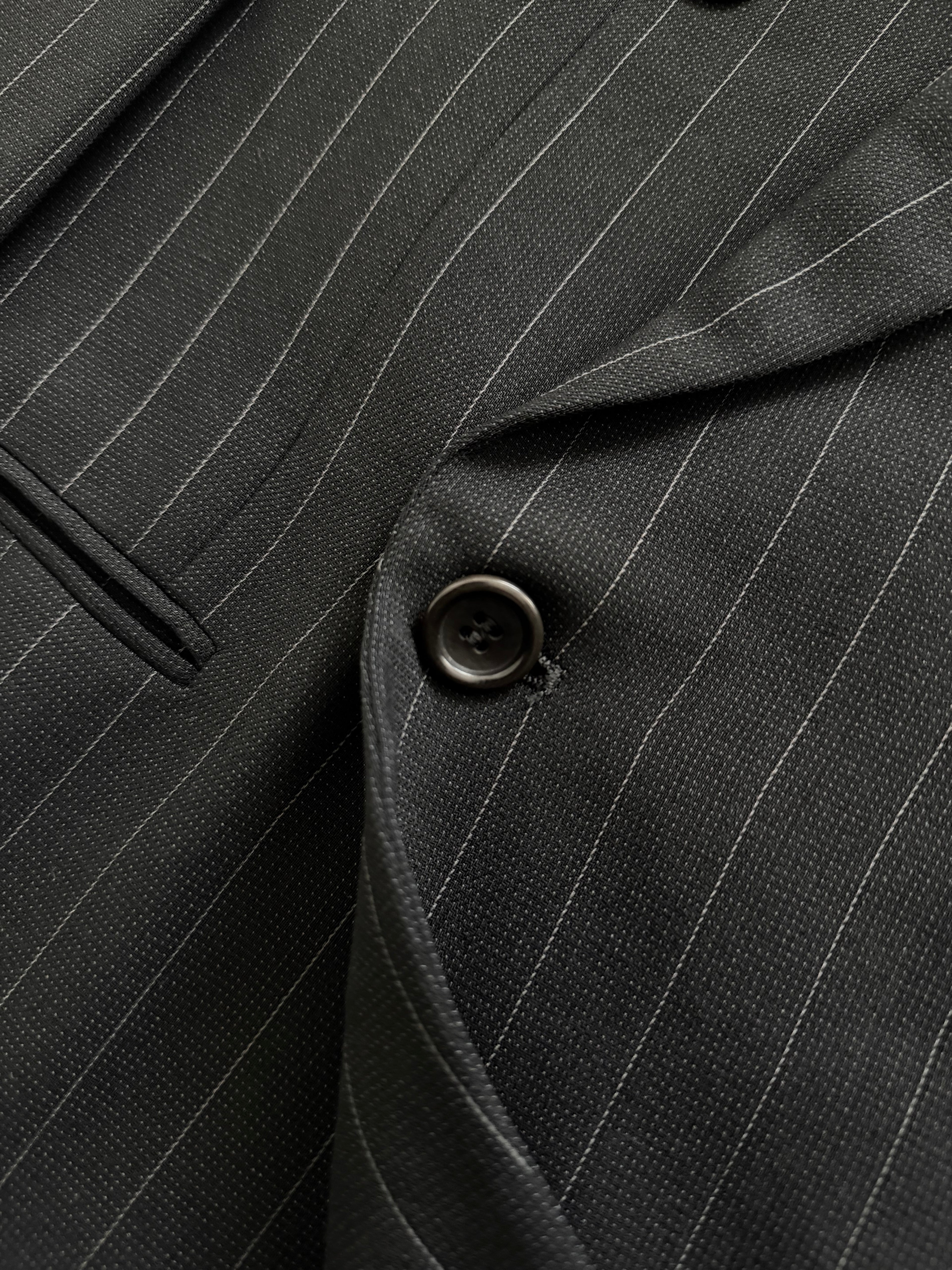 Armani 1990s Peaked Lapel Double Breasted Pinstripe Textured Wool Suit - Size M Jacket / 31" Waist