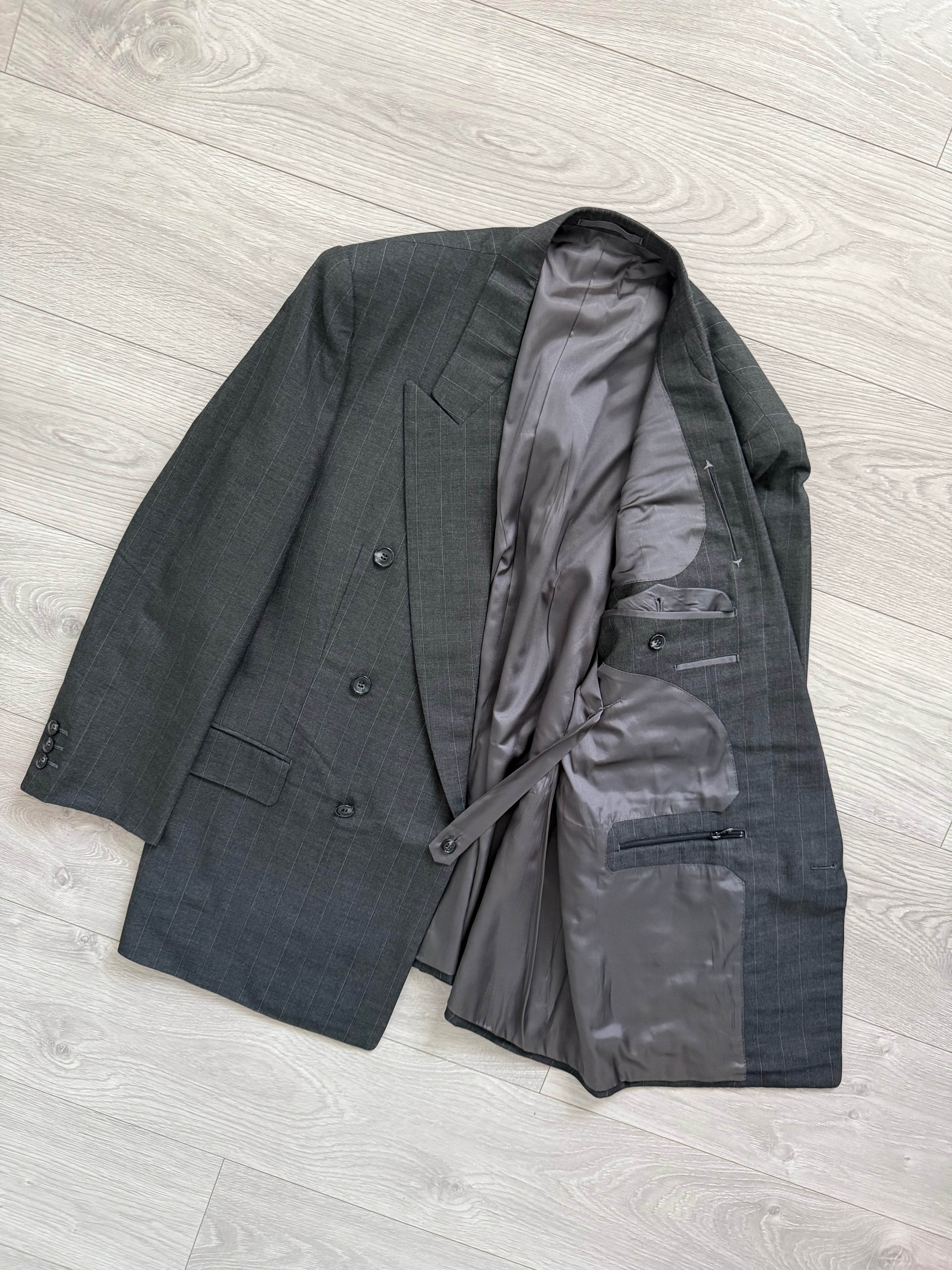 Yves Saint Laurent 1990s Double-Breasted Pleated Striped Grey Wool Suit - Size L Jacket / 32" Waist