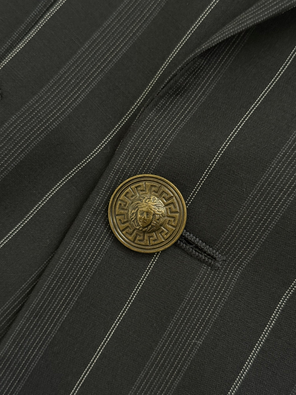 Versace 1980s Metal Button Notch Lapel Double Breasted Pleated Wool Striped Suit - Size S Jacket / 29" Waist