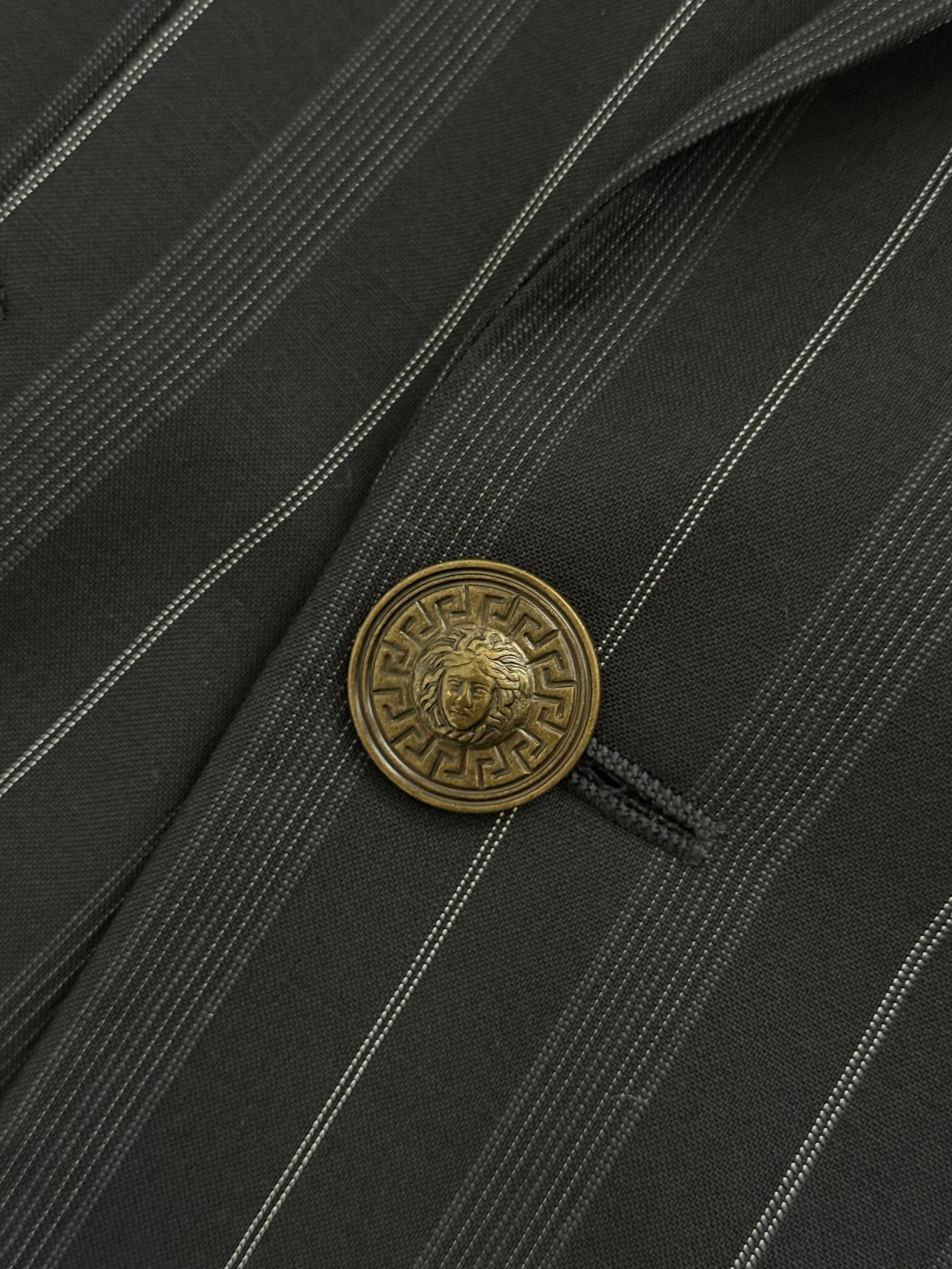Versace 1980s Metal Button Notch Lapel Double Breasted Pleated Wool Striped Suit - Size S Jacket / 29" Waist