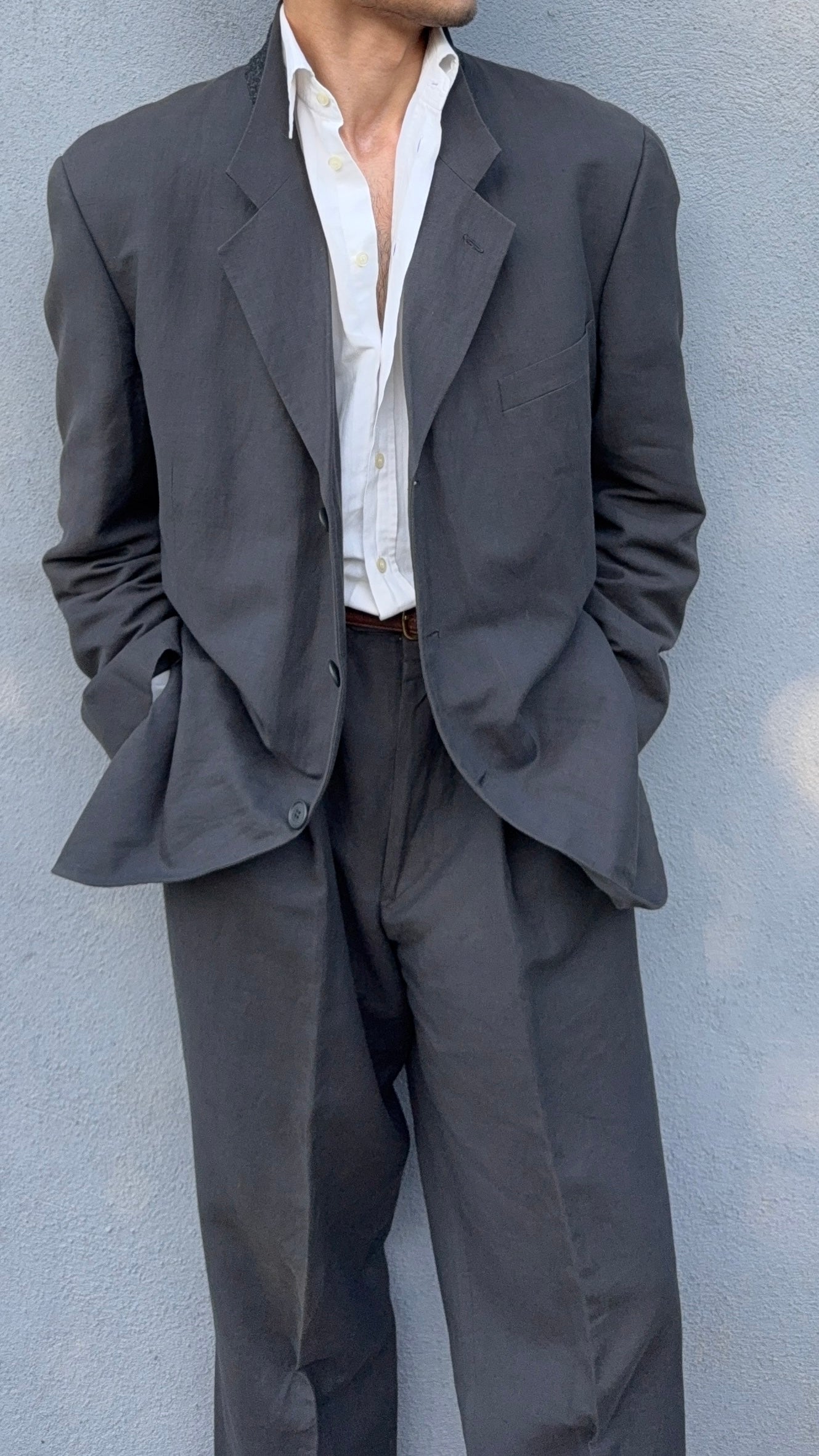 Giorgio Armani 1980s 3B Linen Blend Suit Charcoal - Size XXL Jacket / 36" Waist