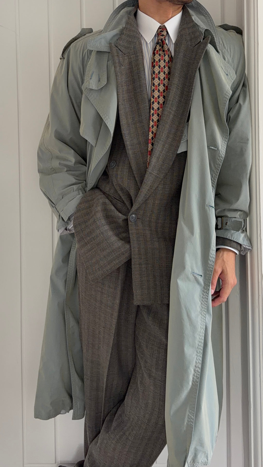 Hugo Boss 1980s Wool Cotton Steel Blue Trench Coat - Size L