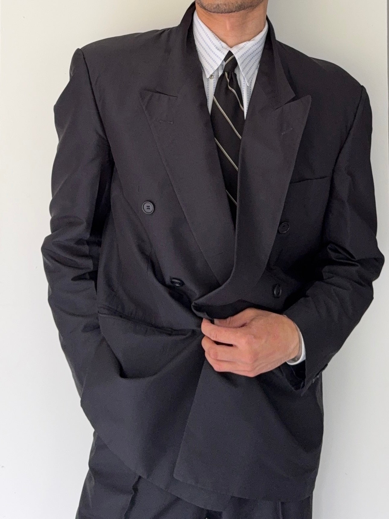 Hugo Boss 1980s 'Tango' Double Breasted Peaked Lapel Silk Suit - Size XL Jacket / 35" Waist