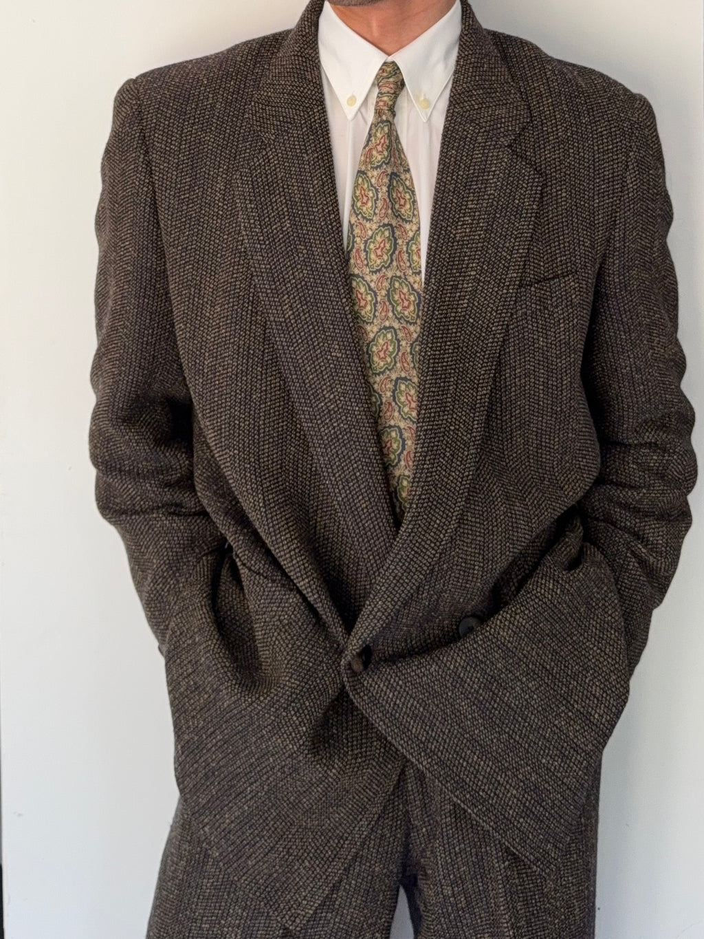 Umberto Ginocchietti 1980s Double Breasted Pleated Wool Textured Suit Brown - Size M Jacket / 30" Waist