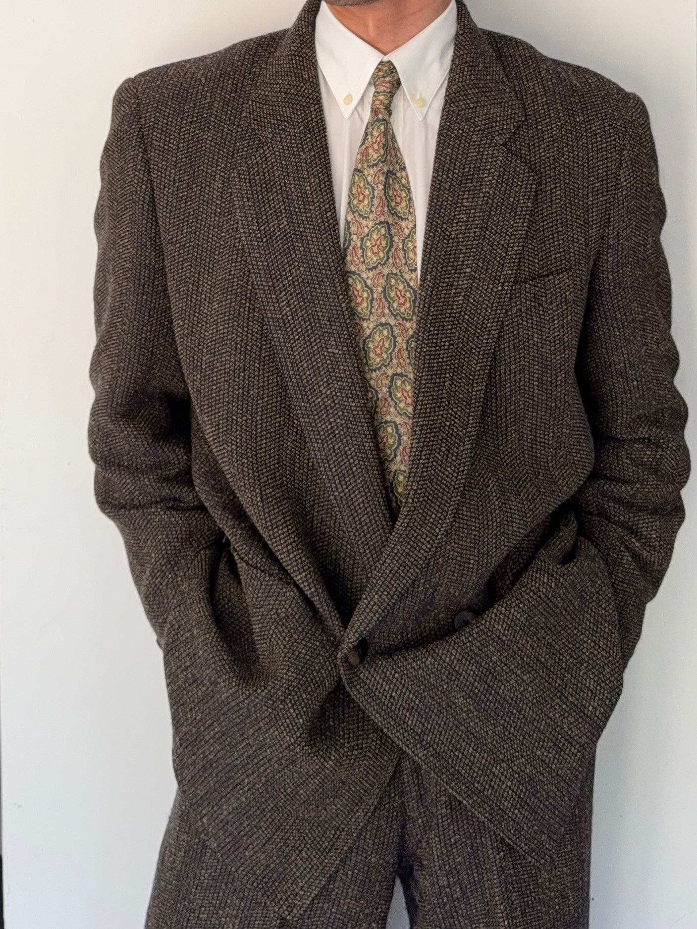 Umberto Ginocchietti 1980s Double Breasted Pleated Wool Textured Suit Brown - Size M Jacket / 30" Waist