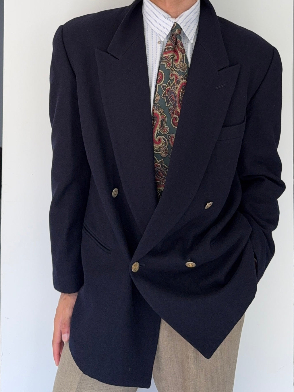 Emporio Armani 1980s Metal Button Double Breasted Wool Sports Blazer Jacket Navy - Size L