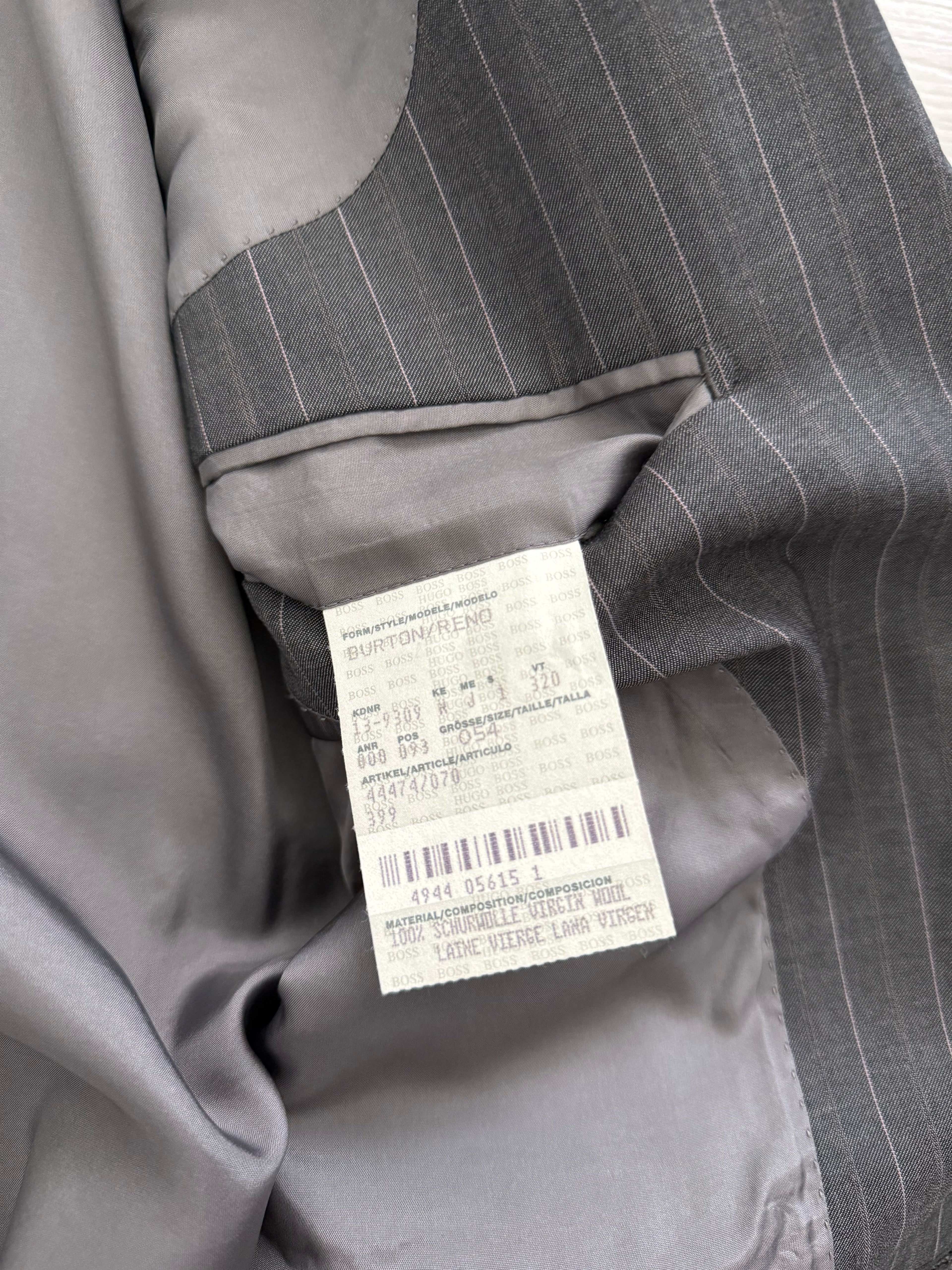 Hugo Boss 1990s 'Reno' Pinstriped 2B Lightweight Wool Grey Suit - Size XXL Jacket / 38" Waist