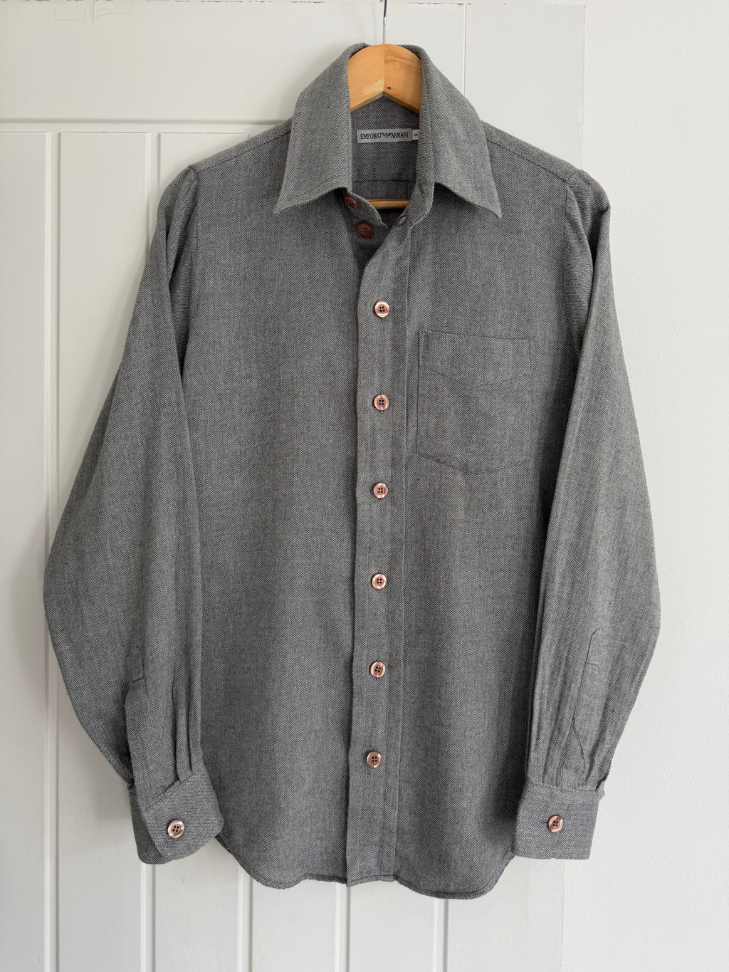 Emporio Armani 1990s Oversized Button Herringbone Cotton Viscose Shirt Grey - Size S