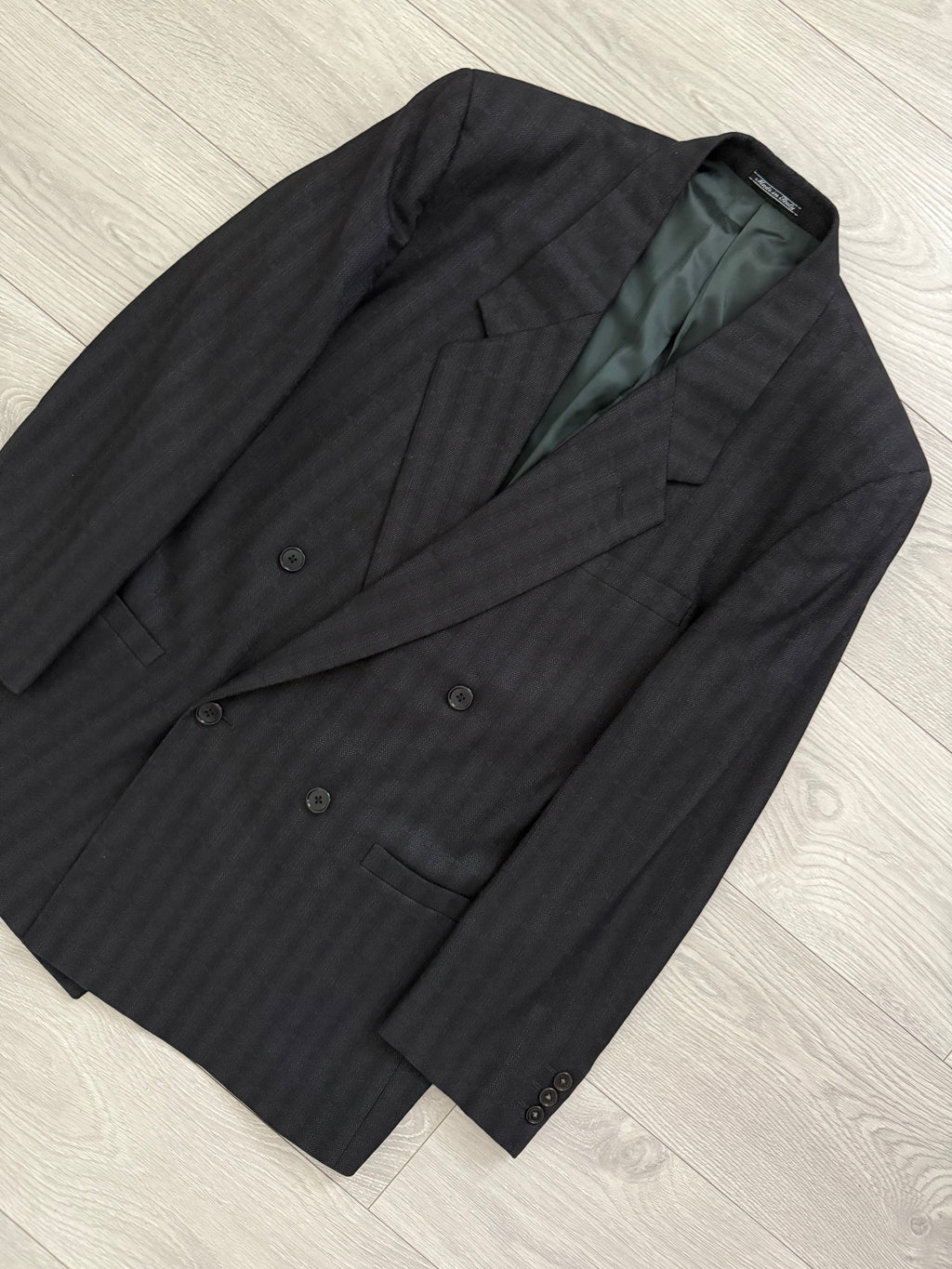 Versace 1980s Notch Lapel Double Breasted Triple Pleat Textured Black Wool Suit - Size M Jacket / 32" Waist