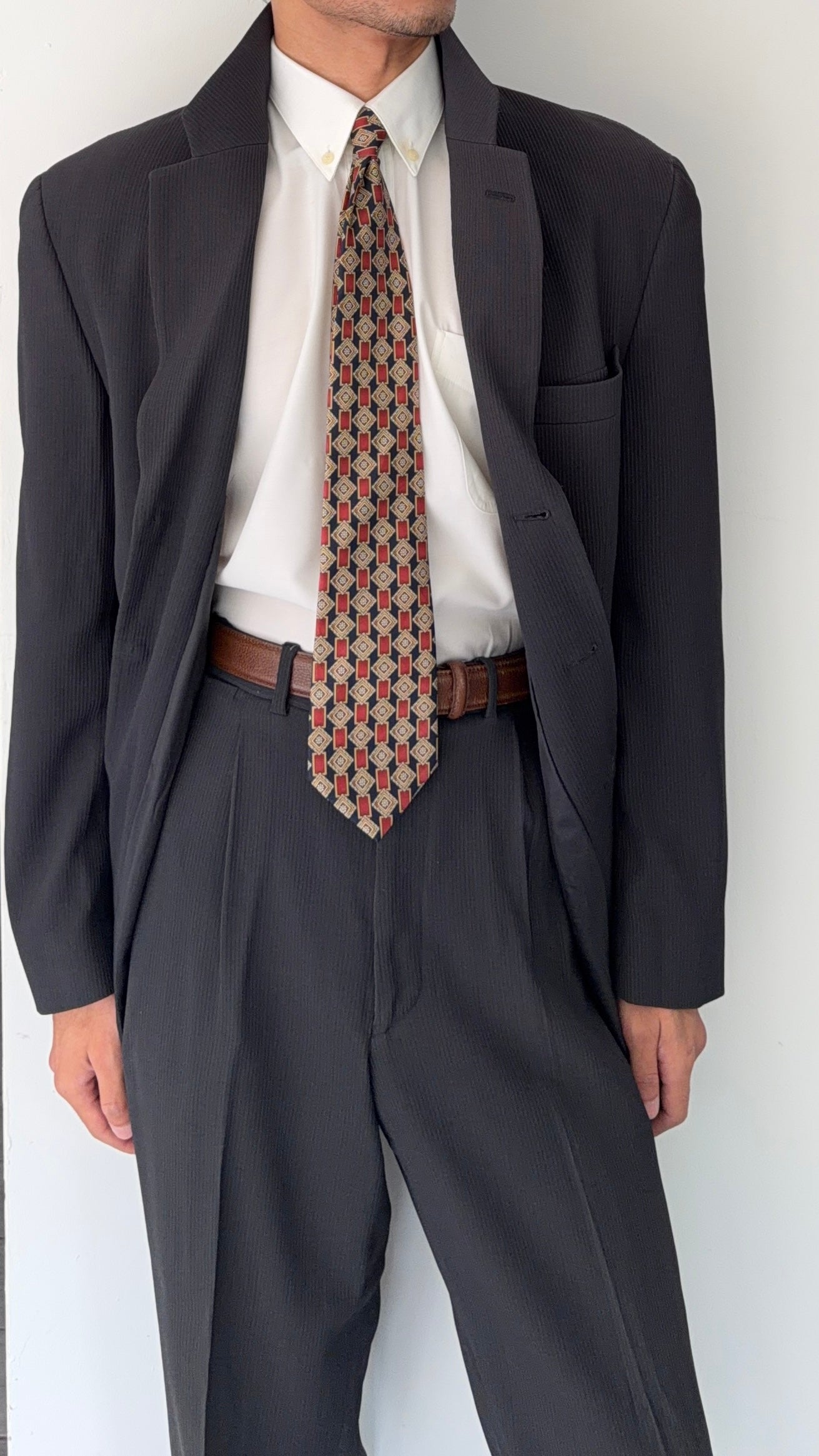 Emporio Armani 1990s 3B Double Pleat Ribbed Weave Draped Wool Suit - Size L Jacket / 34" Waist