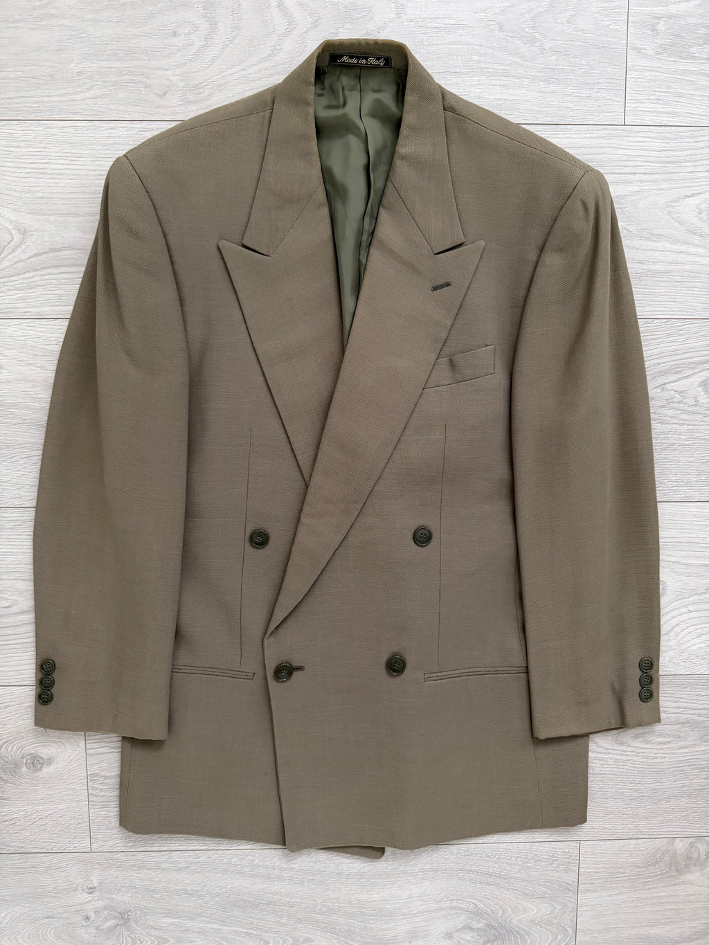 Giorgio Armani 1980s Taupe Green Peaked Lapel Double Breasted Pleated Wool Suit - Size S Jacket / 28" Waist