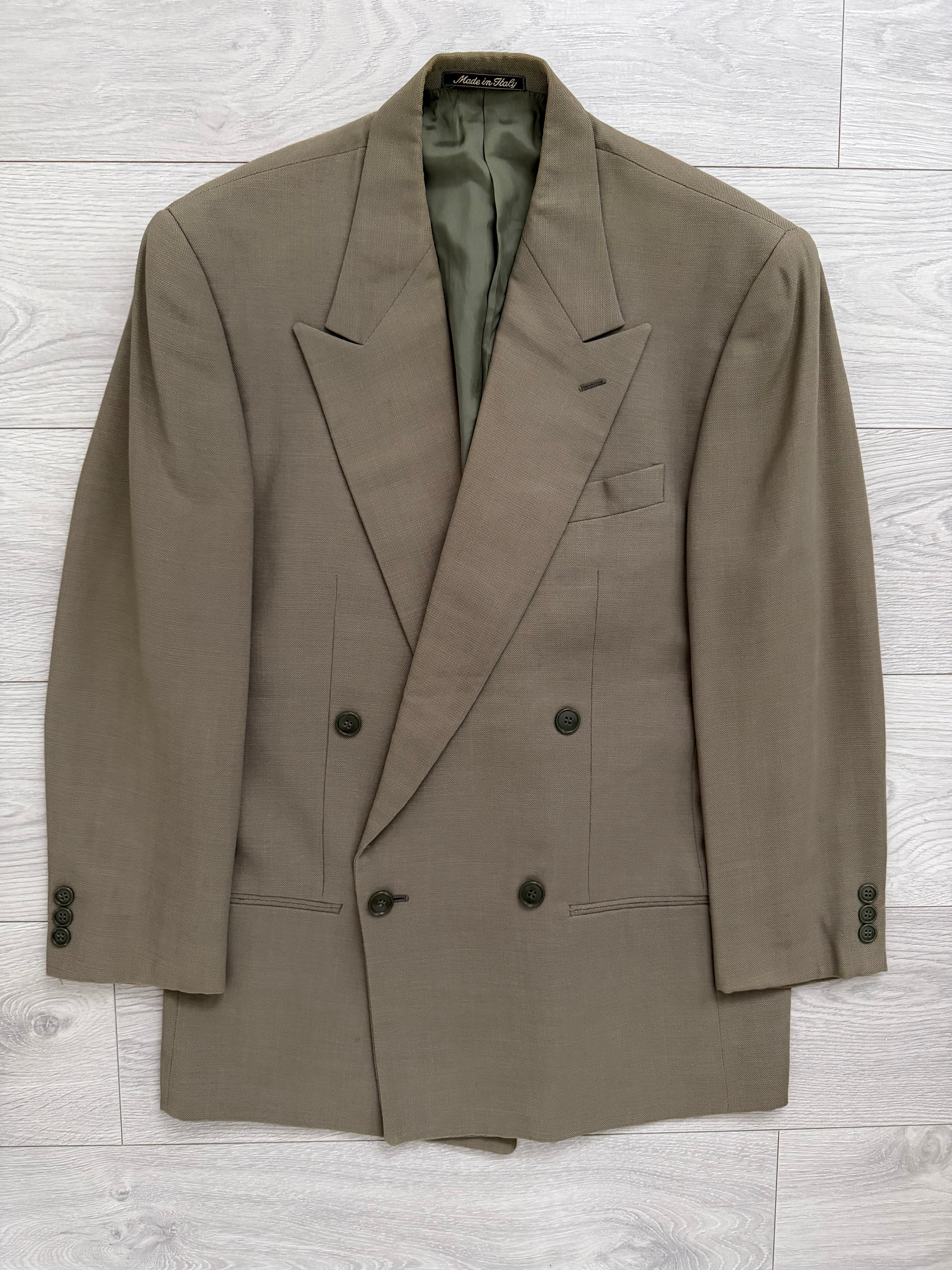 Giorgio Armani 1980s Taupe Green Peaked Lapel Double Breasted Pleated Wool Suit - Size S Jacket / 28" Waist