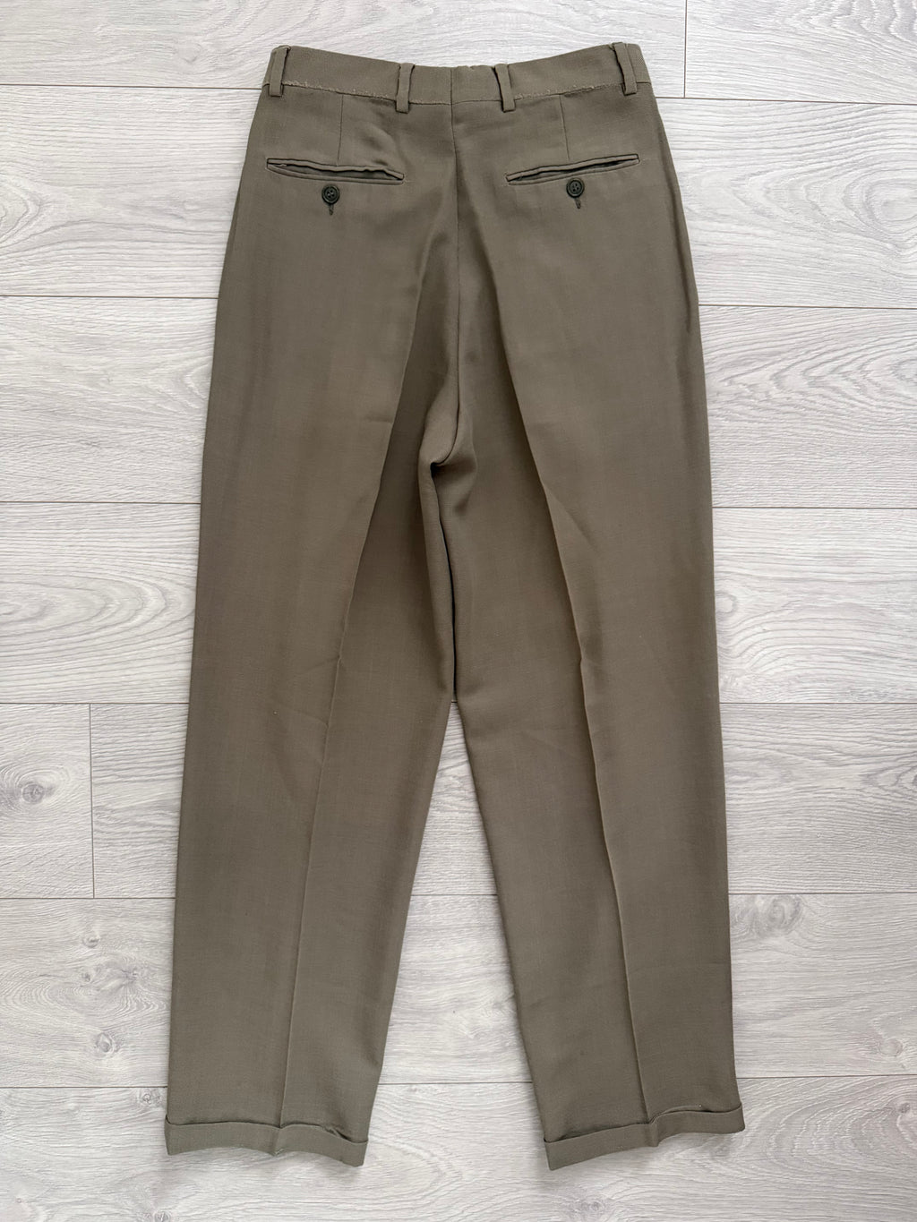 Giorgio Armani 1980s Taupe Green Peaked Lapel Double Breasted Pleated Wool Suit - Size S Jacket / 28" Waist