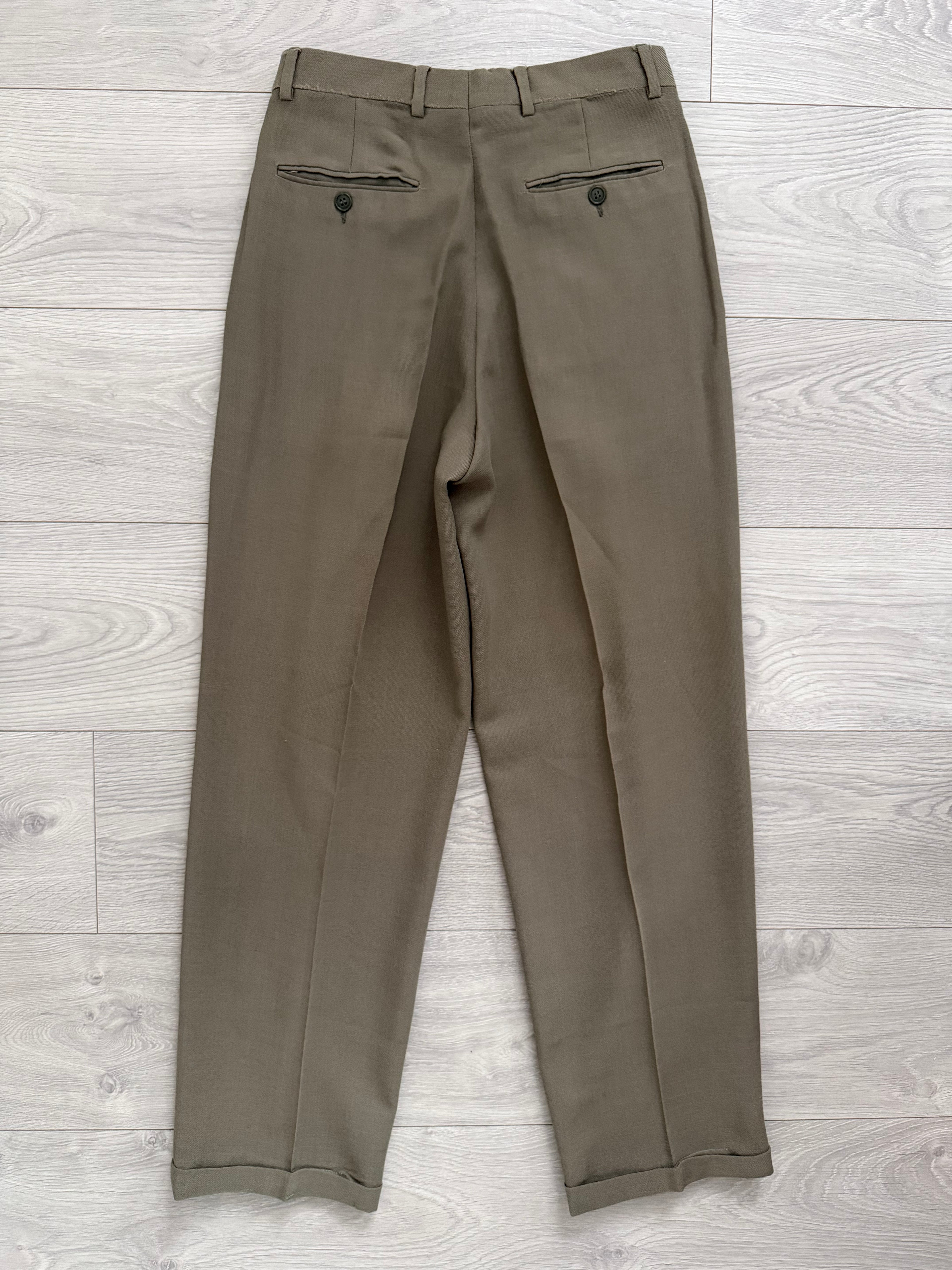 Giorgio Armani 1980s Taupe Green Peaked Lapel Double Breasted Pleated Wool Suit - Size S Jacket / 28" Waist