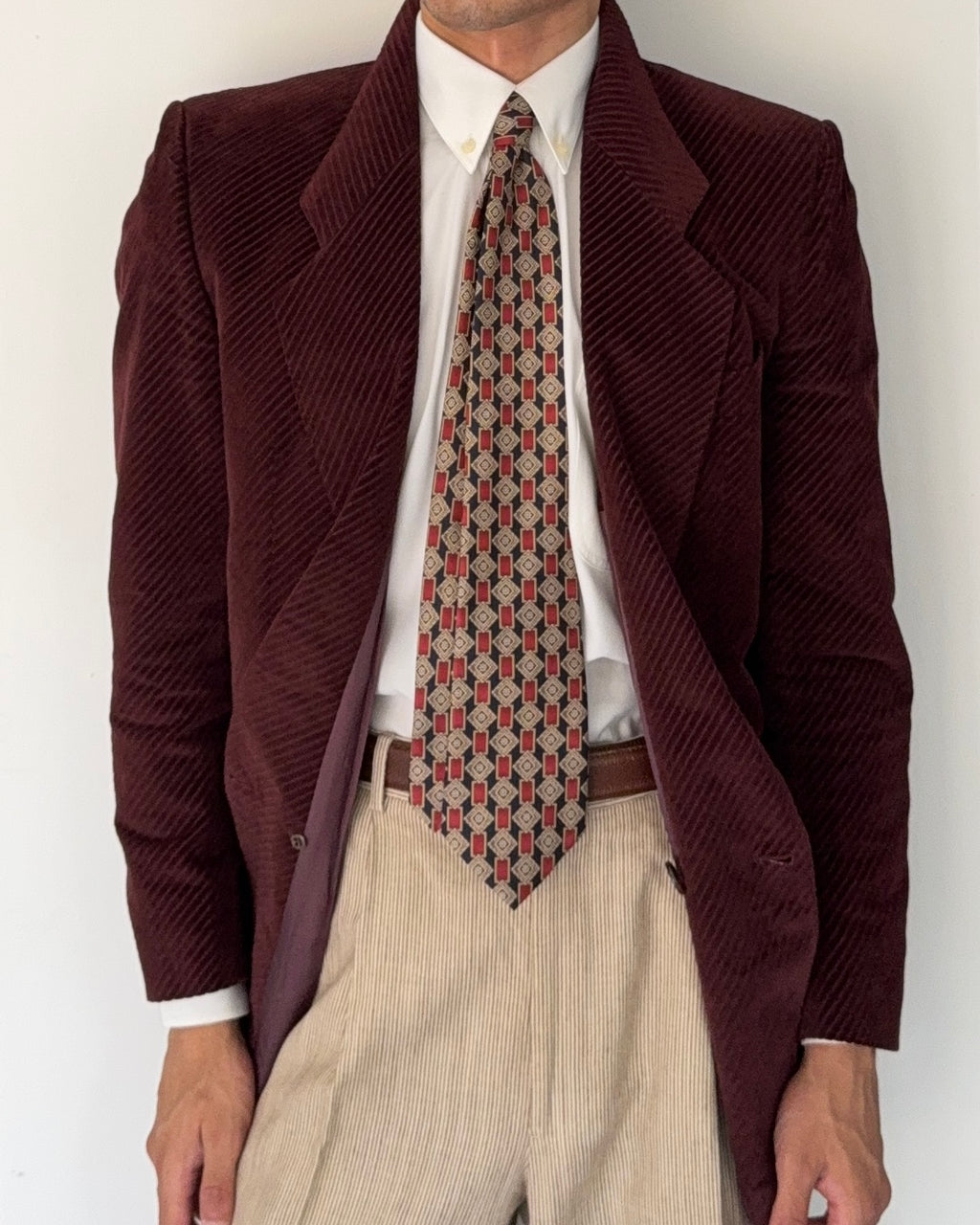 Hugo Boss 1980s Special Order Burgundy Double Breasted Cotton Sport Blazer Jacket - Size S
