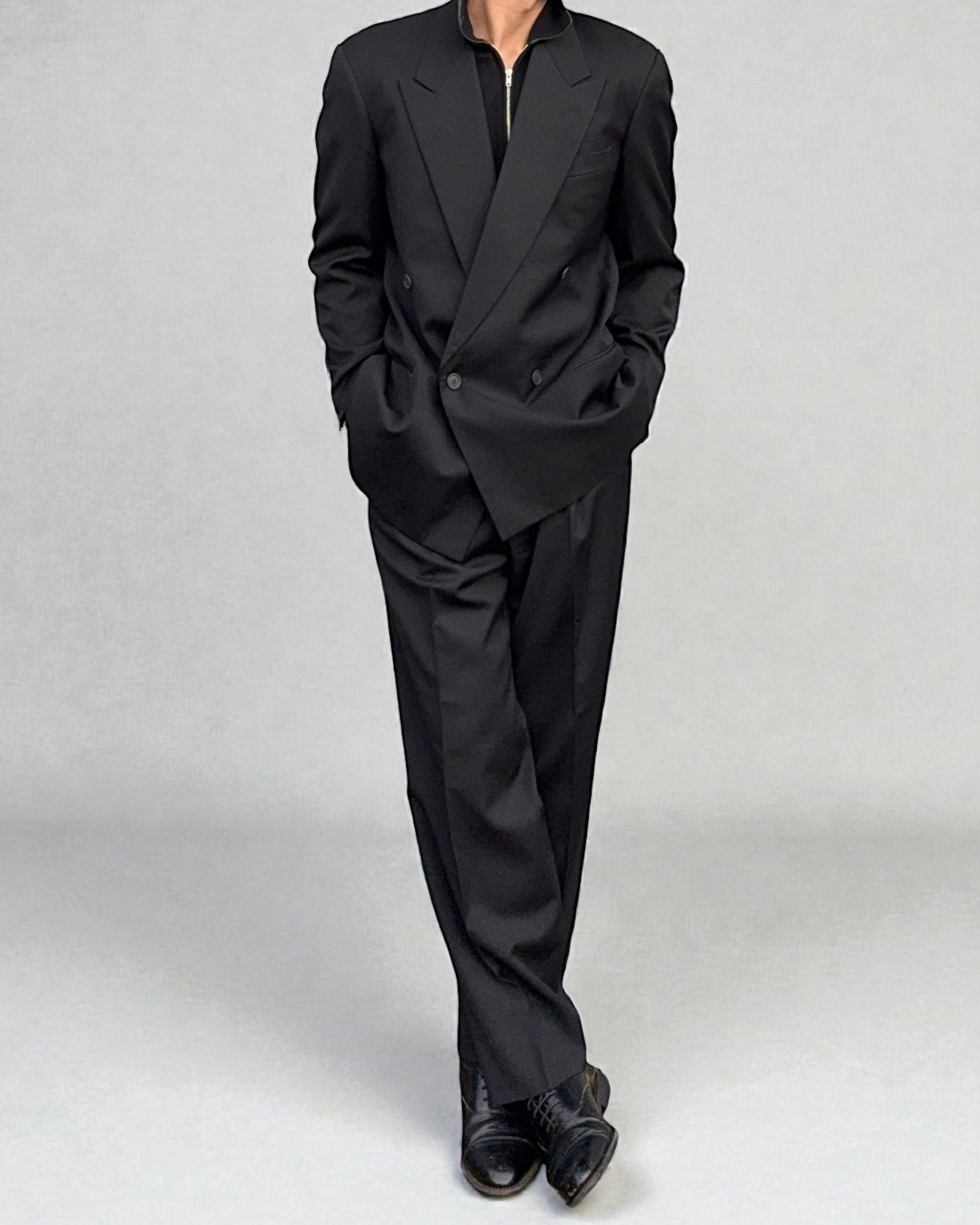 Giorgio Armani 1990s Double Breasted Black Pleated Suit - Size L