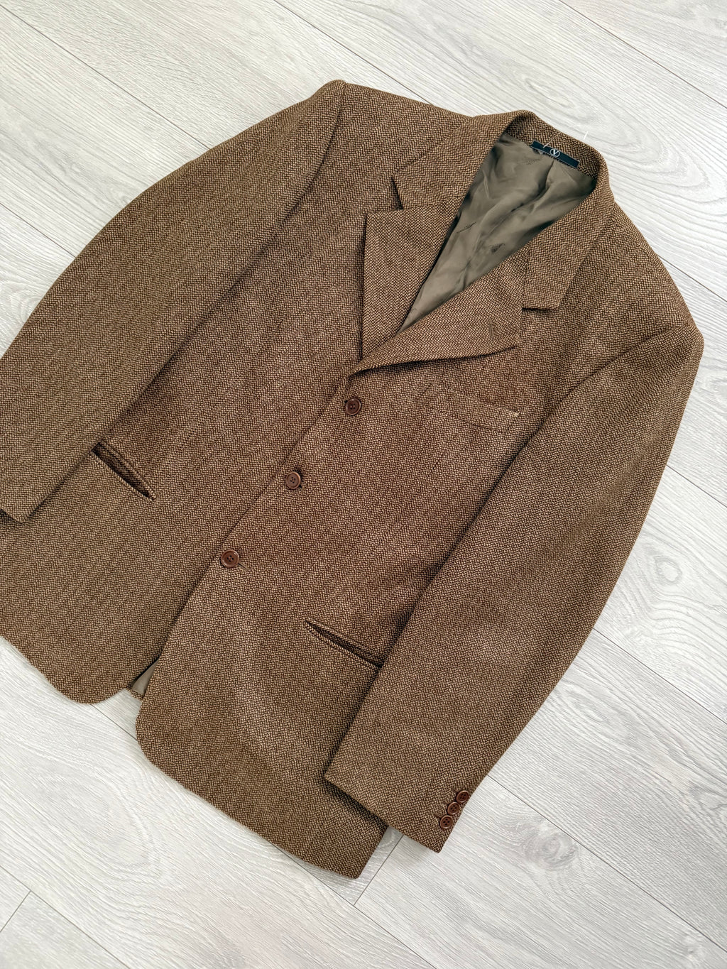 Valentino 1980s Micro Herringbone 3B Tobacco Brown Wool Sports Blazer Jacket - Size L