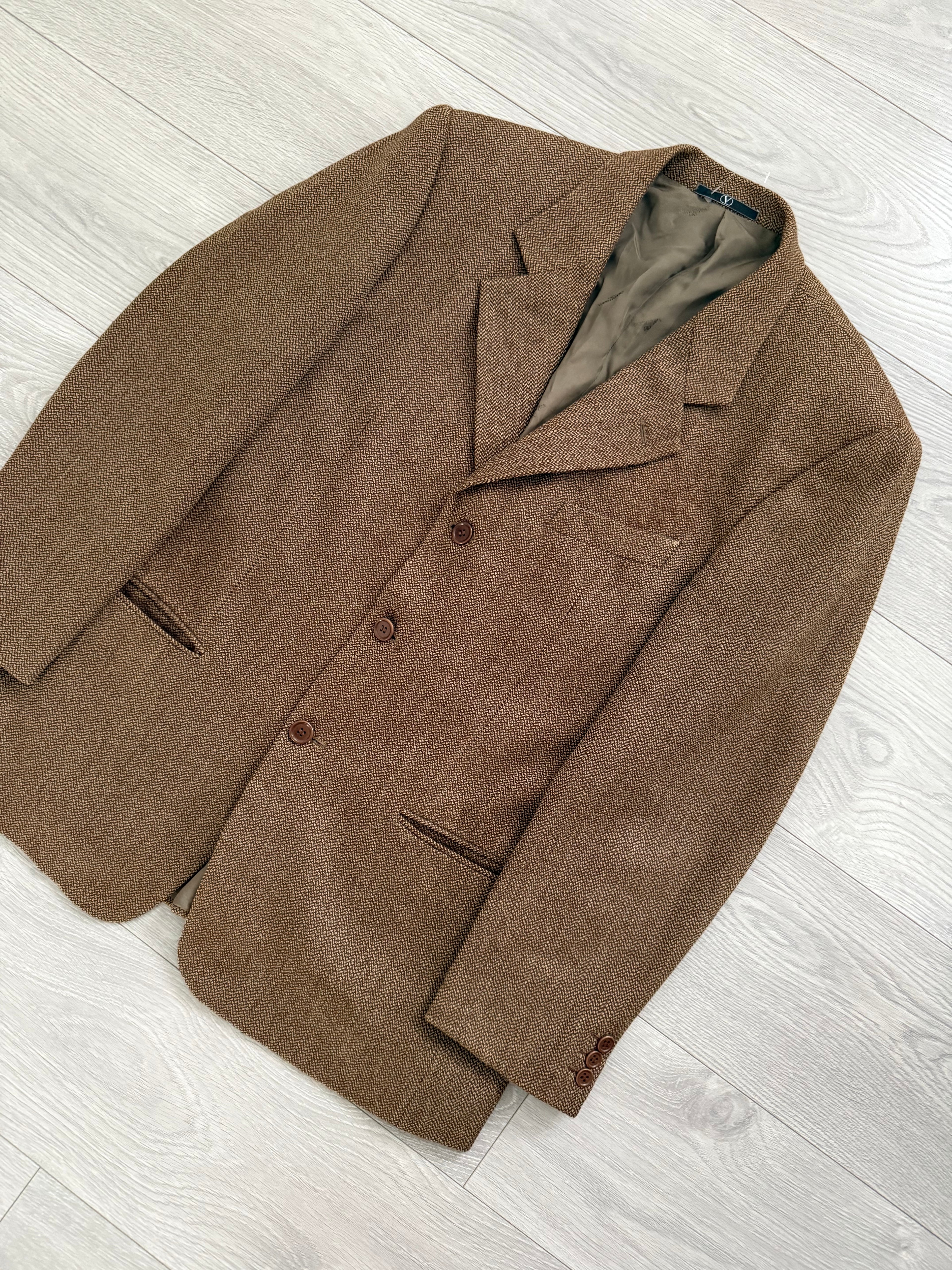 Valentino 1980s Micro Herringbone 3B Tobacco Brown Wool Sports Blazer Jacket - Size L