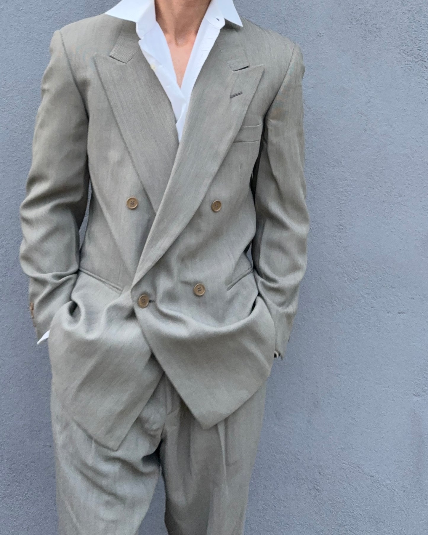 Emporio Armani 1990s Double-Breasted Wool Grey Suit - Size M Jacket / 30" Waist