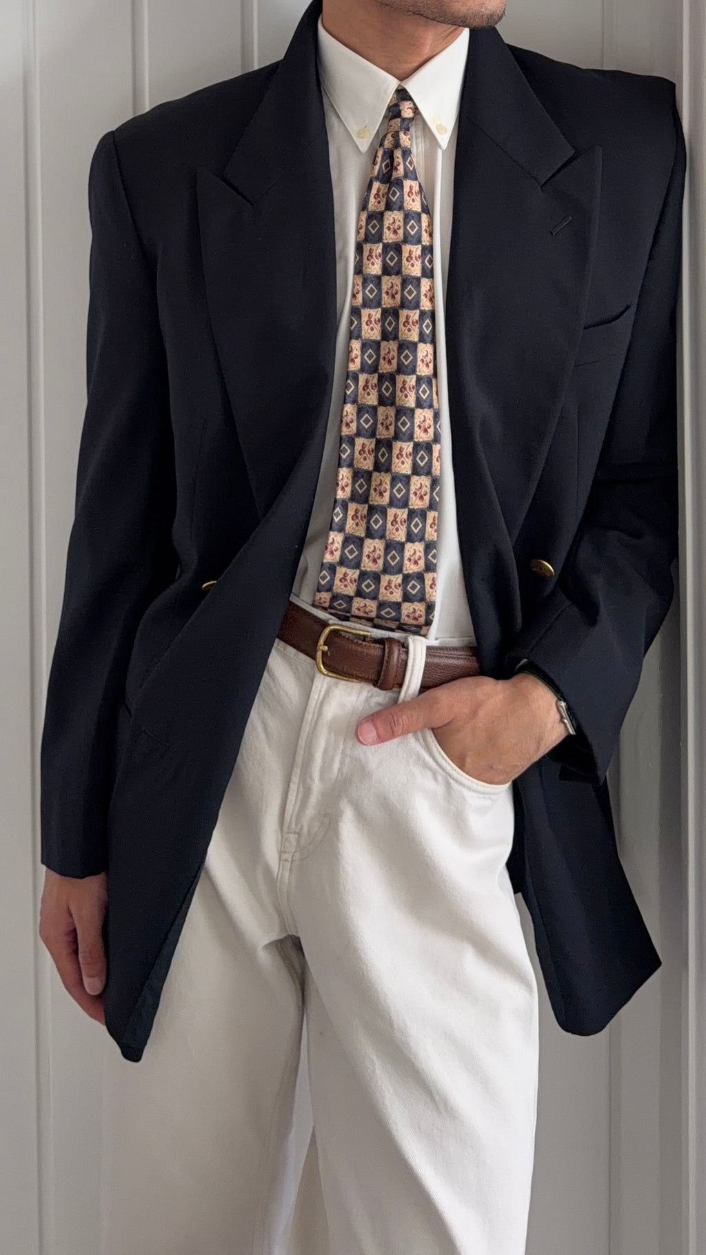 Giorgio Armani 1980s Peaked Lapel Double Breasted Metal Button Wool Sport Jacket Blazer Navy  - Size L