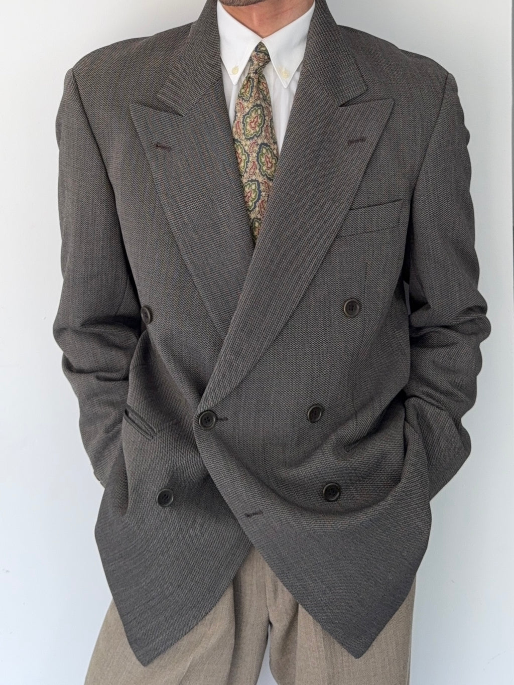 Hugo Boss 1980s 'Omega' Peaked Lapel Double Breasted Textured Wool Sports Jacket Blazer - Size L
