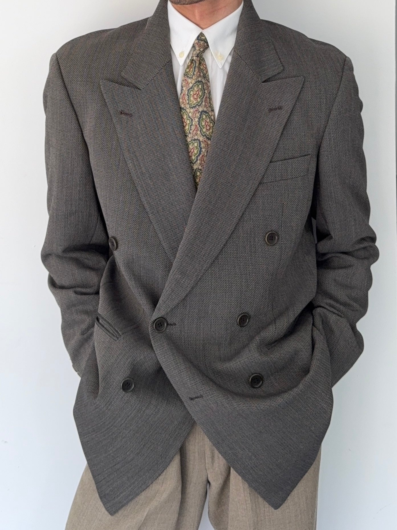 Hugo Boss 1980s 'Omega' Peaked Lapel Double Breasted Textured Wool Sports Jacket Blazer - Size L