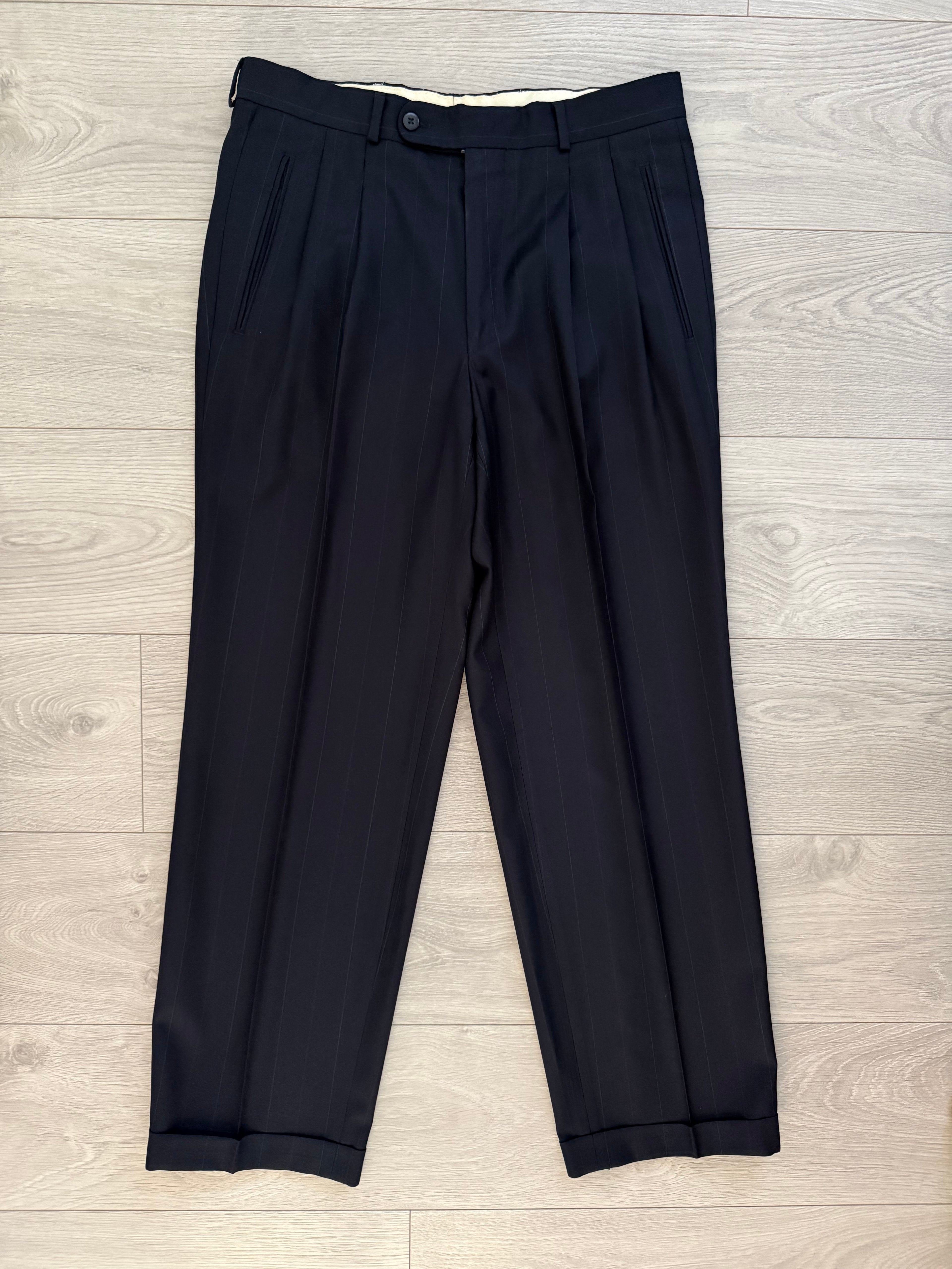 Hugo Boss 1980s 'Mitford' Peaked Lapel Double Breasted Pleated Wool Suit - Size M Jacket / 32" Waist